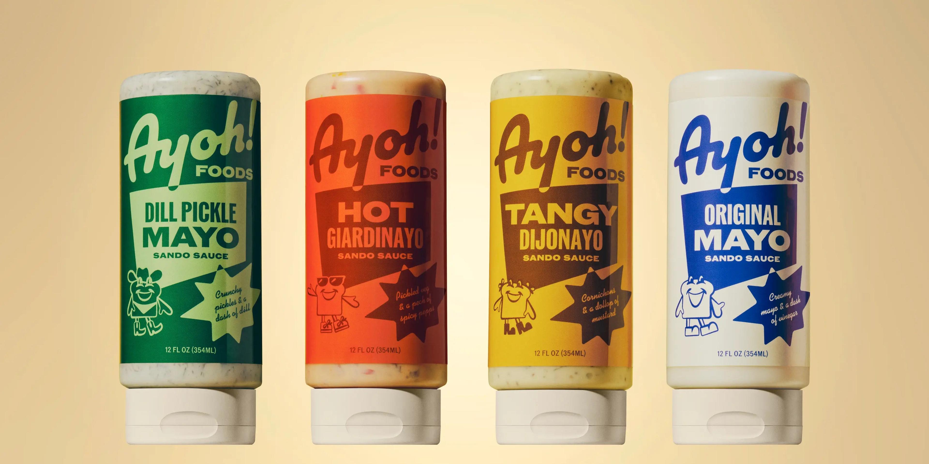 Lineup of four Ayoh Foods sando sauces—Dill Pickle Mayo, Hot Giardinayo, Tangy Dijonnayo and Original Mayo—against a warm backdrop
