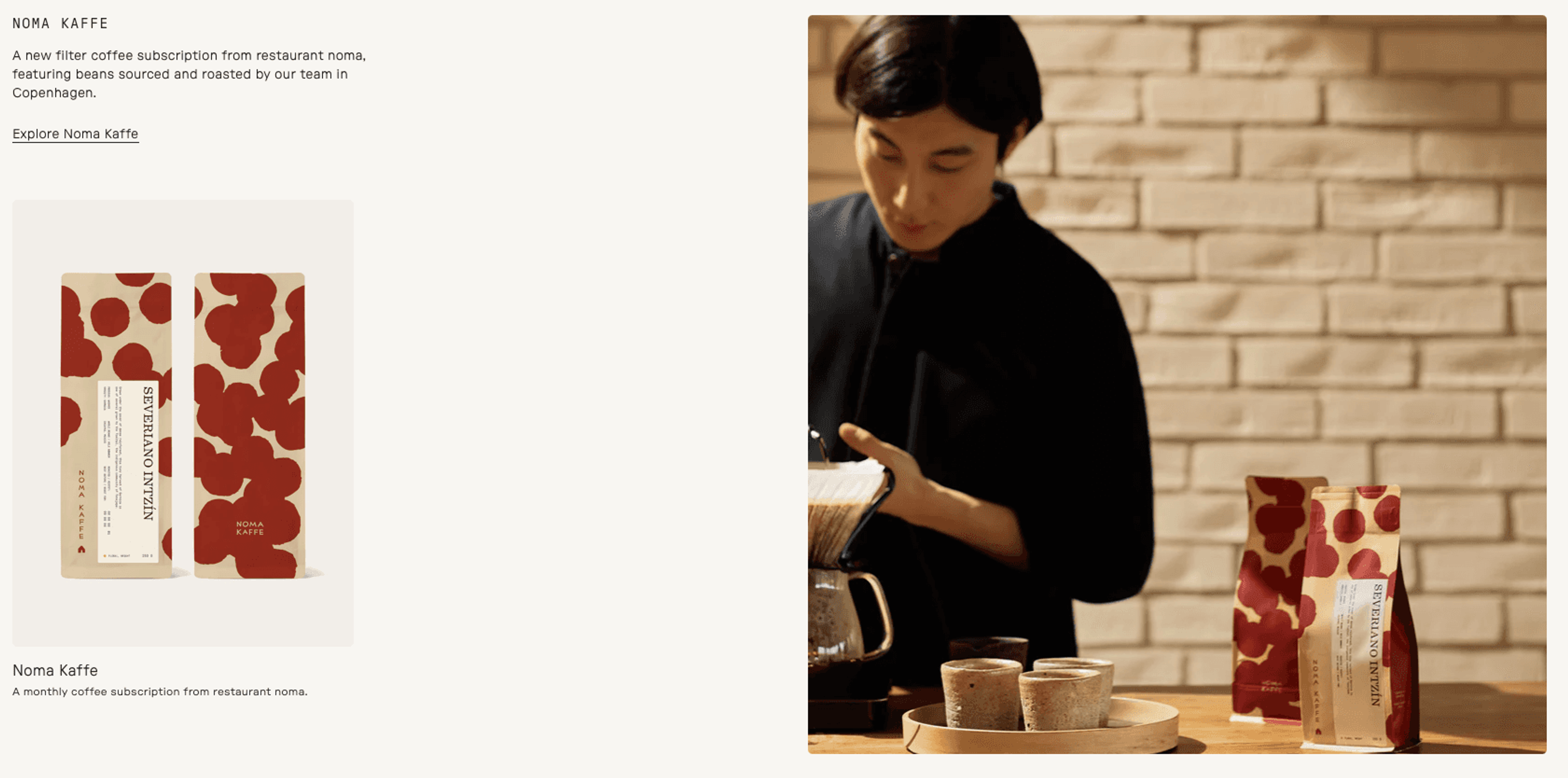 Noma Kaffe coffee subscription page with barista brewing and branded bean packaging