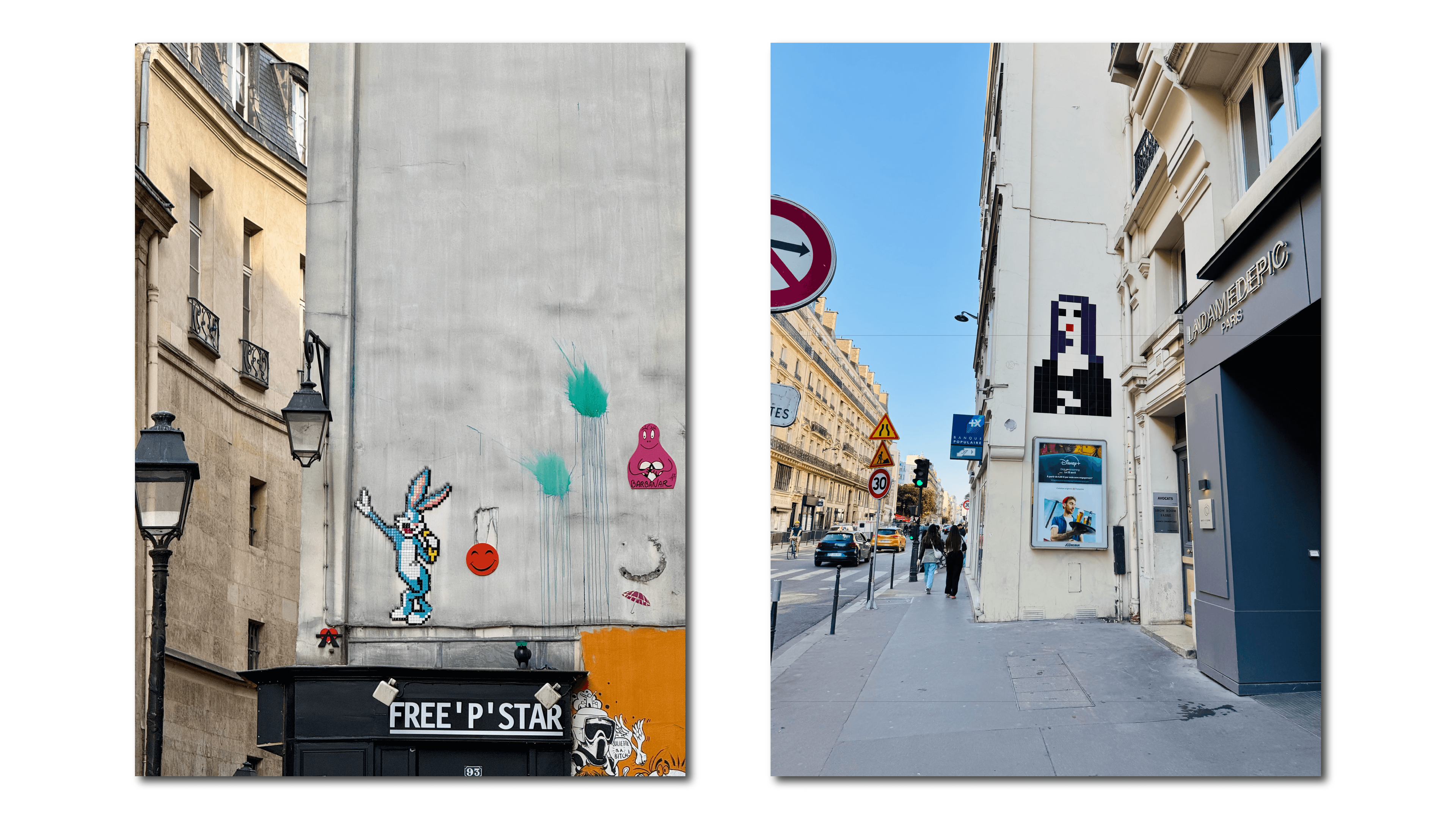 Invader mosaics of Bugs Bunny and the Mona Lisa installed on building facades in Paris.