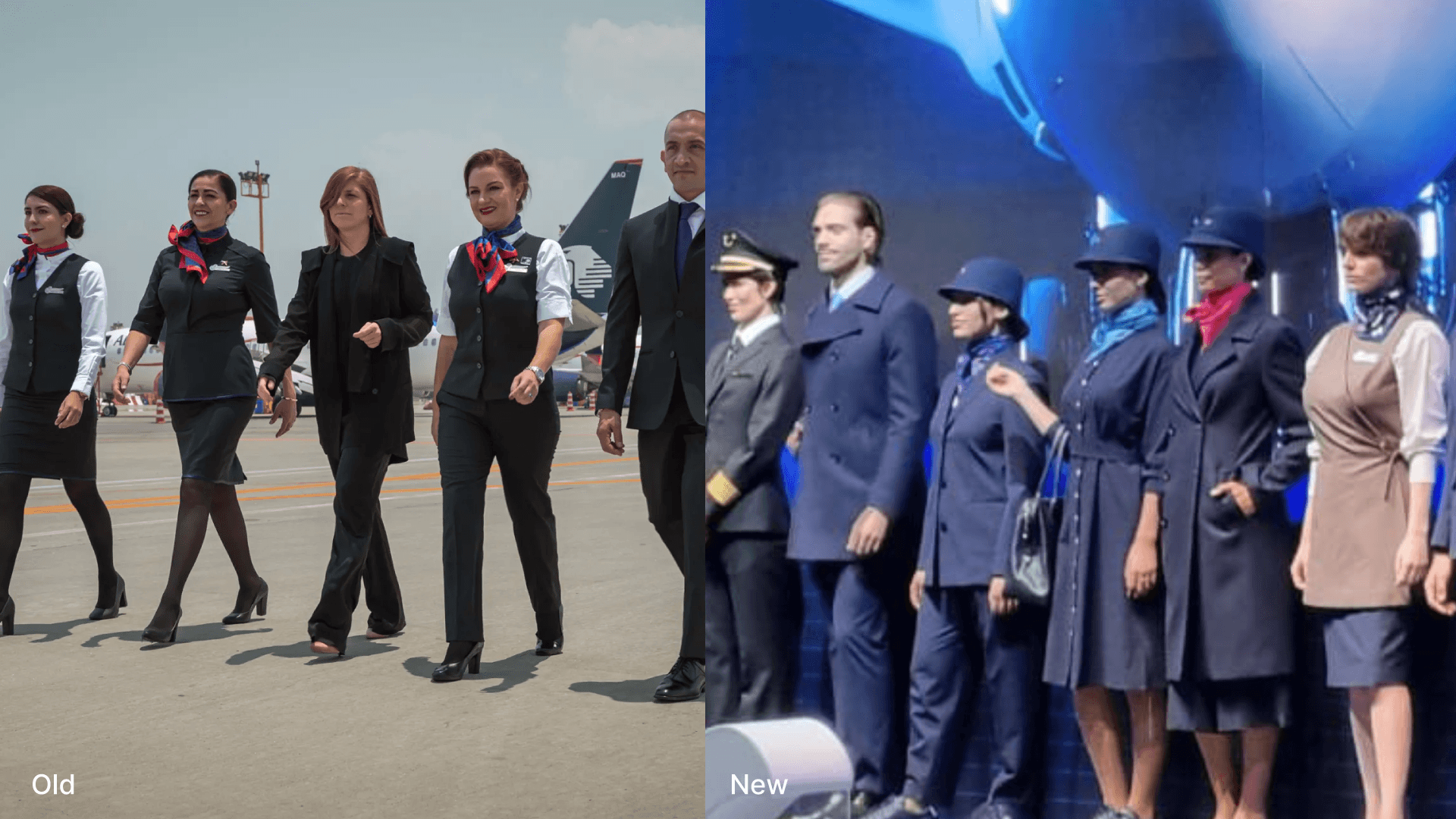 Side-by-side comparison of Aeromexico cabin crew uniforms, contrasting the previous red-accented outfits with the new navy 2024 designs