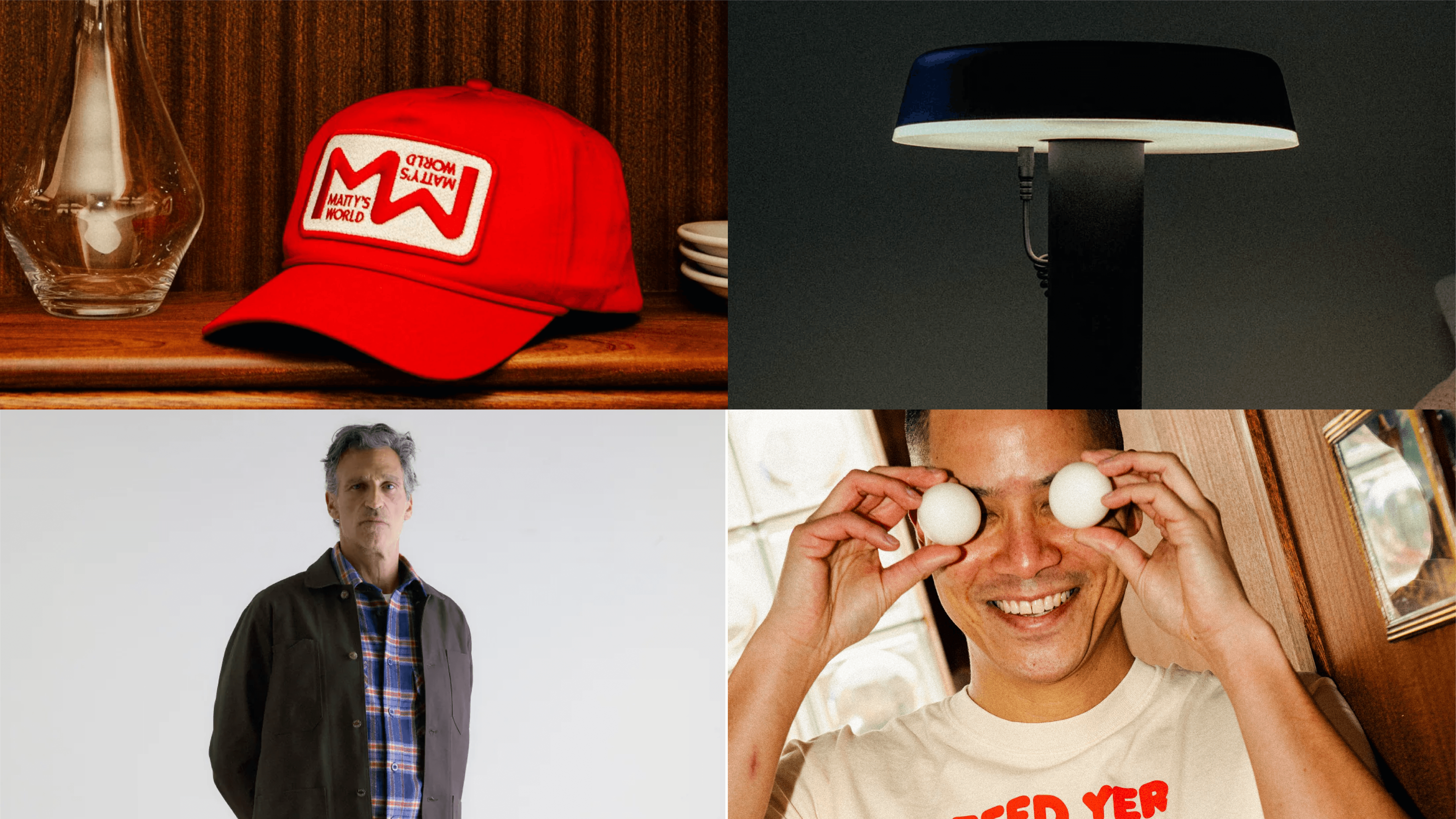 Editorial-style photography featuring Matty Matheson’s visual language, combining lifestyle objects, portraits, and playful imagery to reinforce a distinctive brand personality.