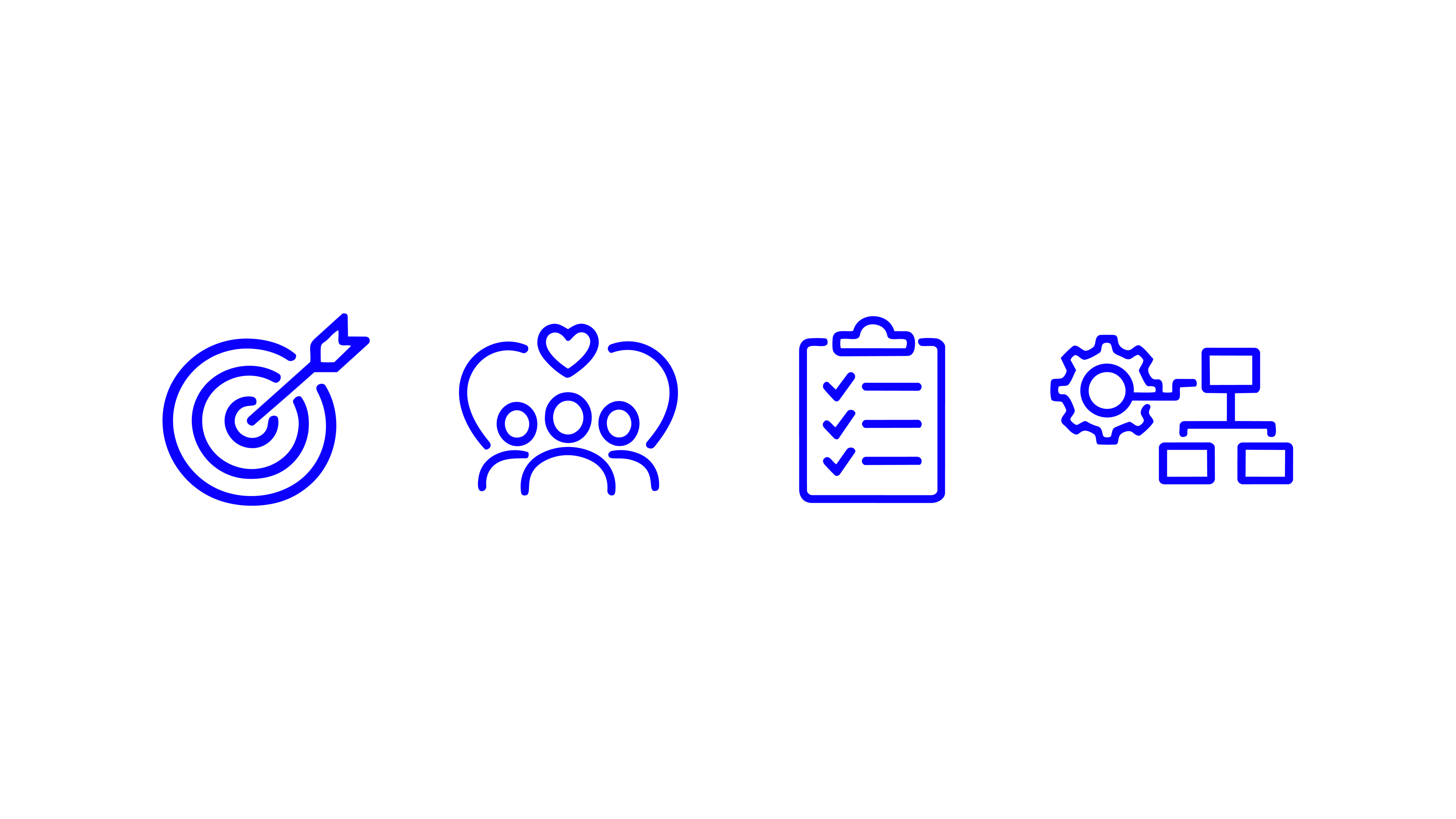 Four blue line icons show a target, audience group, checklist, and workflow diagram representing branding strategy.