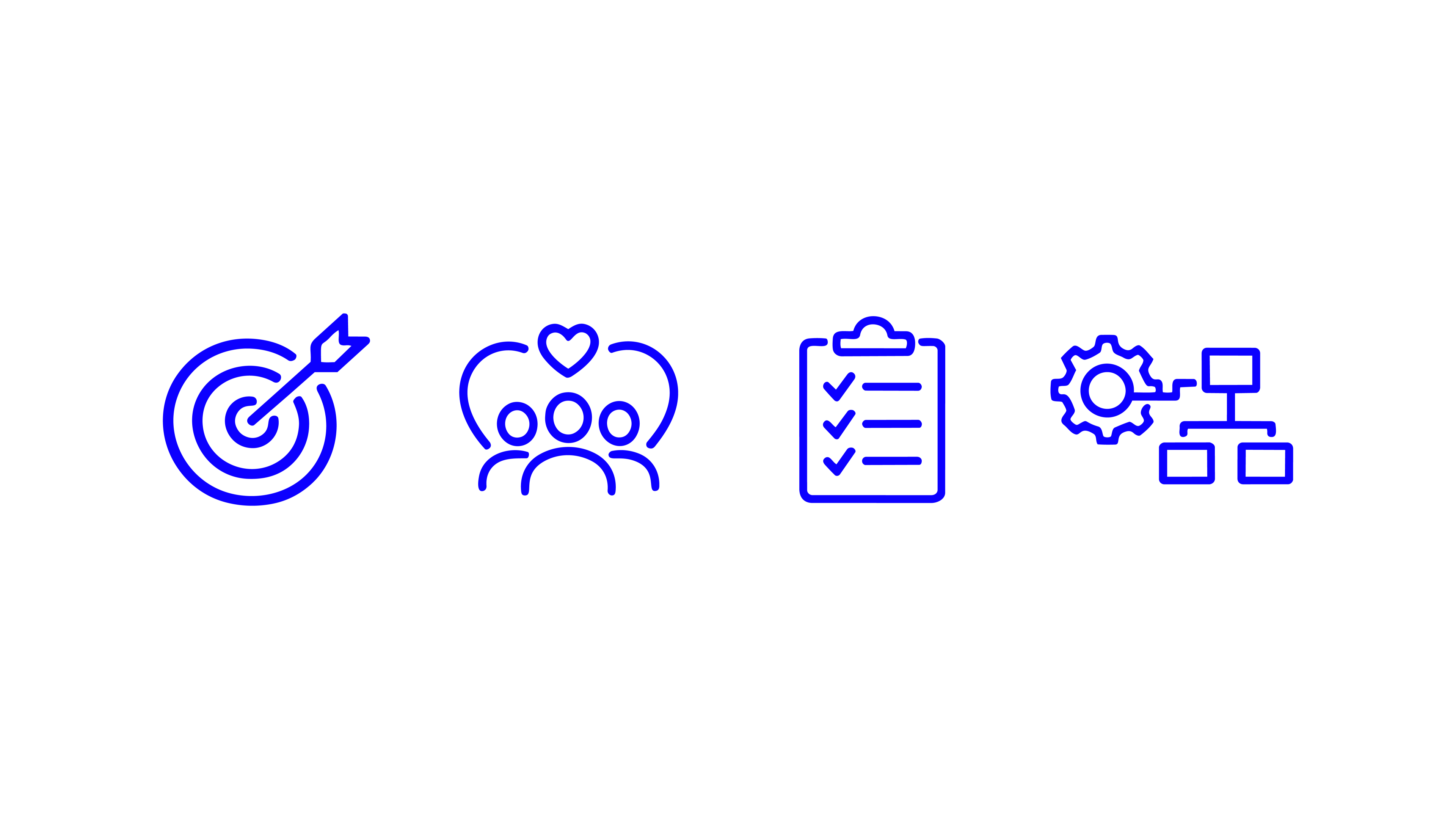 Four blue line icons show a target, audience group, checklist, and workflow diagram representing branding strategy.