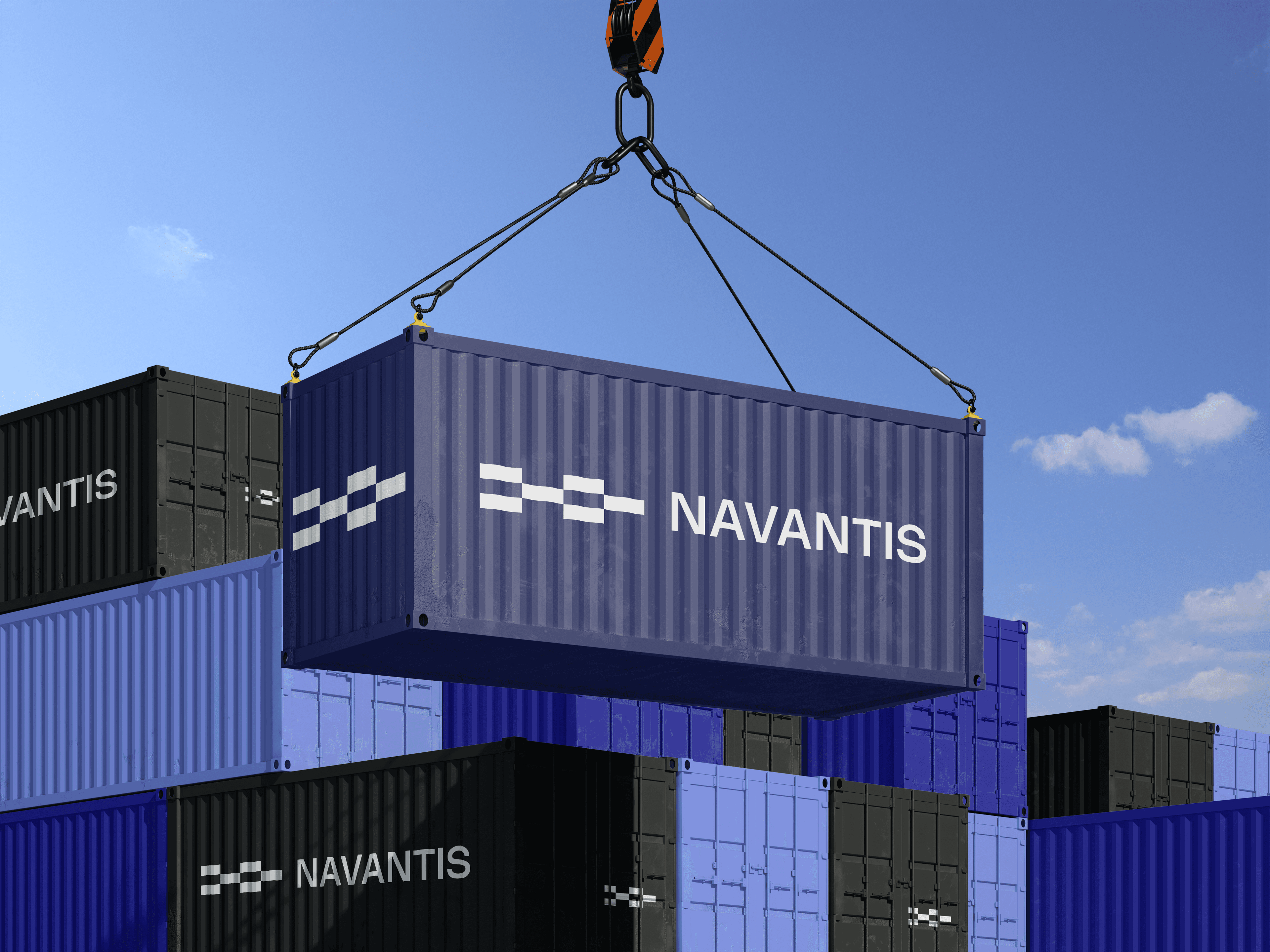 Branded Navantis shipping container suspended by a crane above stacked containers against a blue sky.