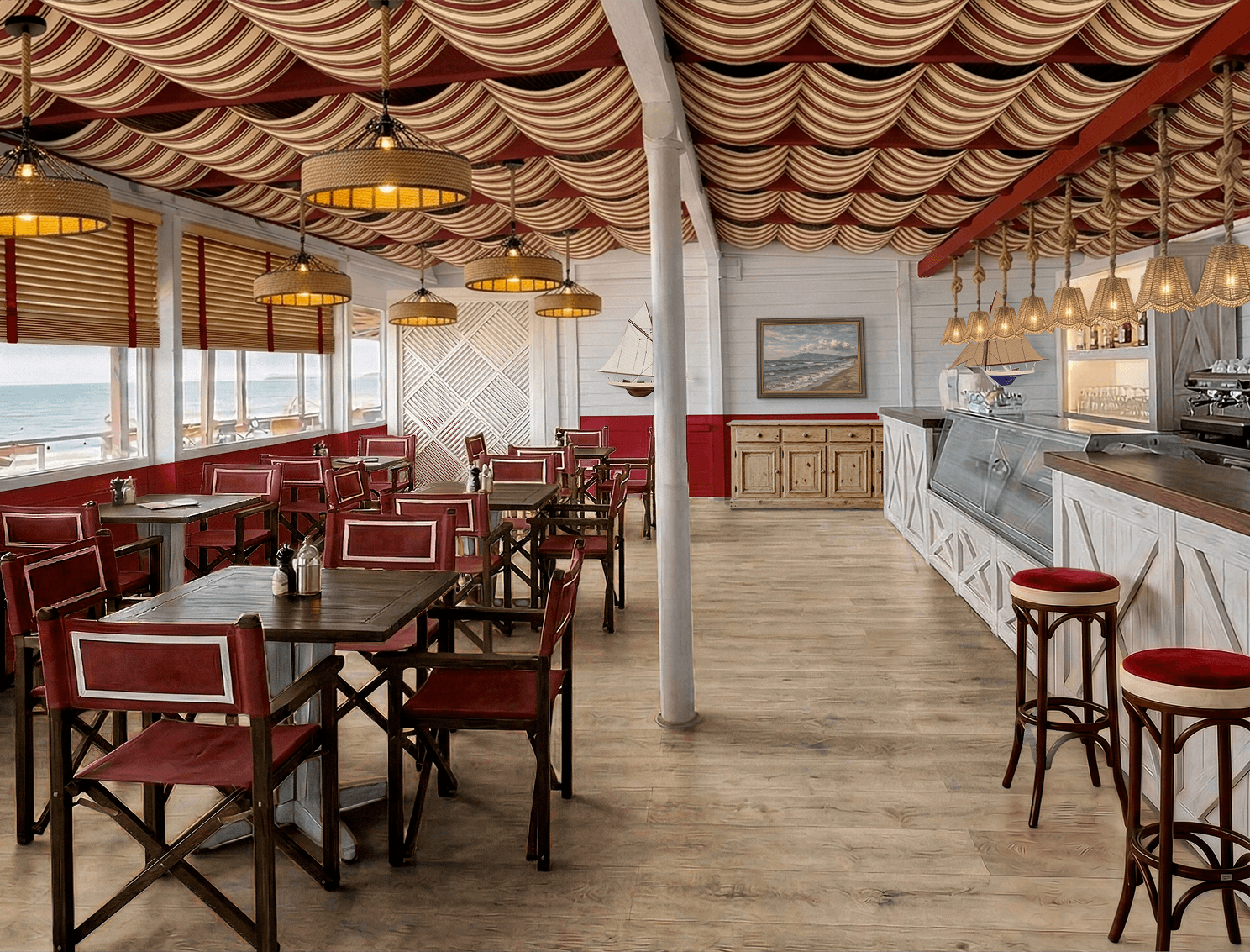 Tavoli apparecchiati in un Bistrot affacciato mare