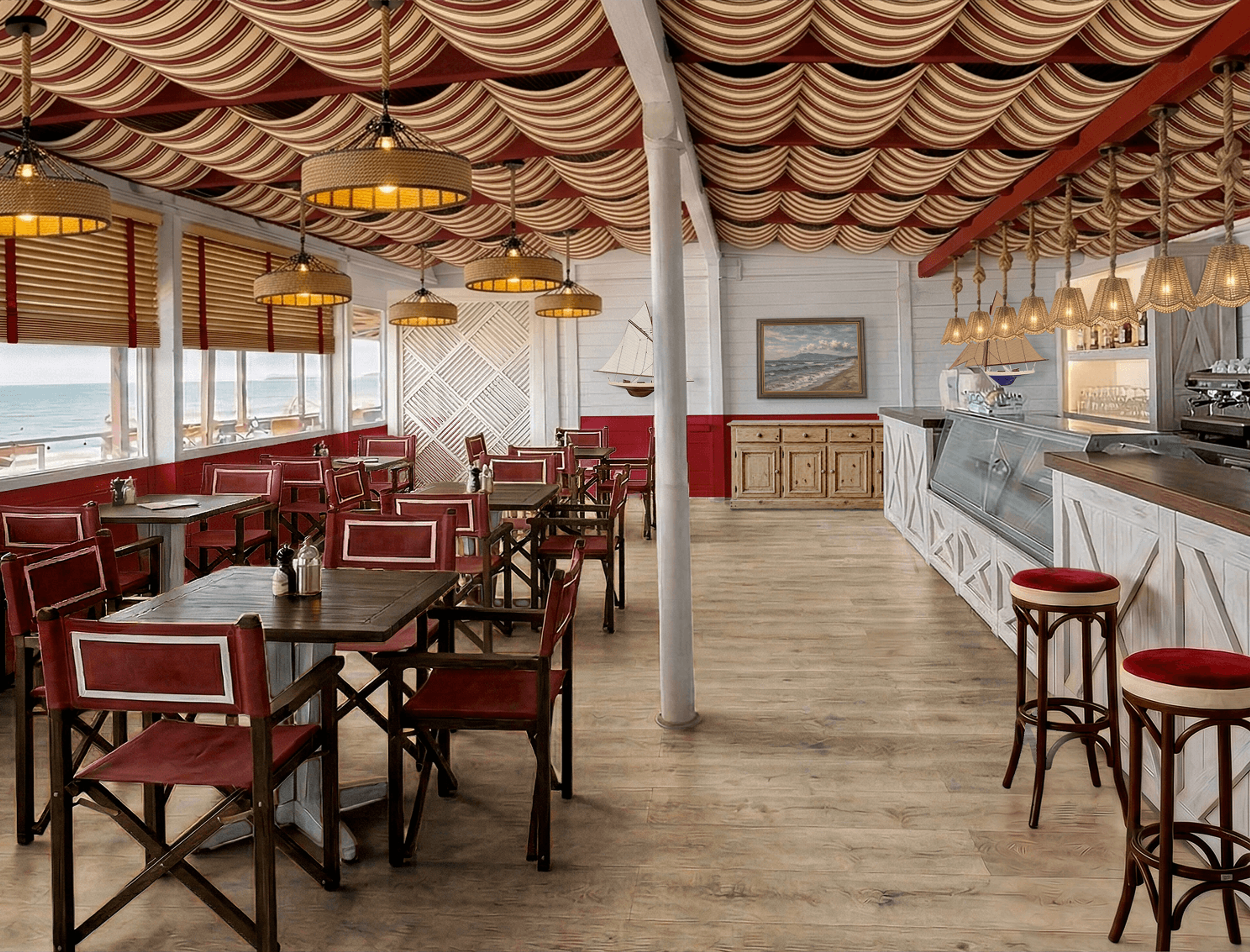Tavoli apparecchiati in un Bistrot affacciato mare