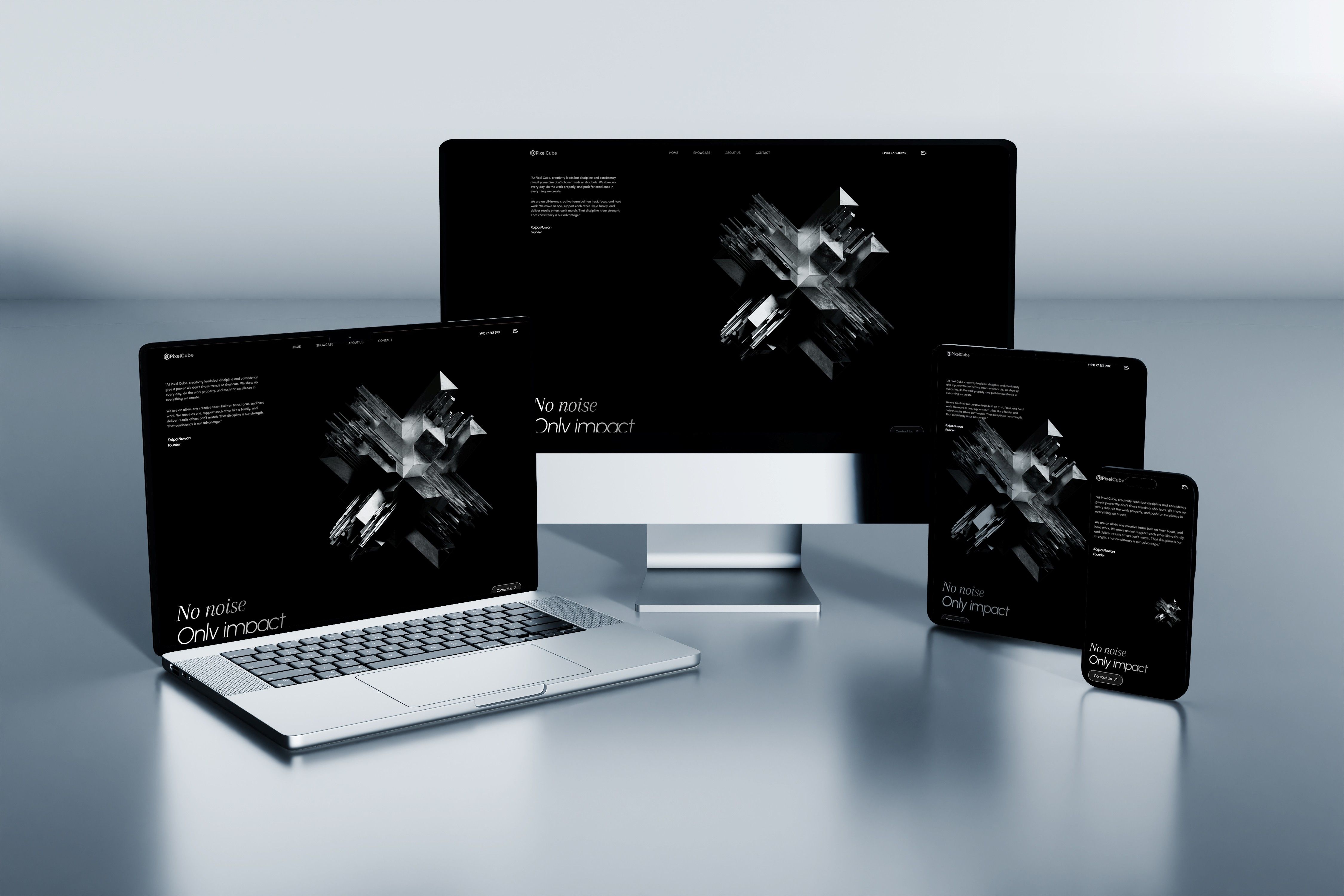 PixelCube Studio portfolio website displayed across desktop monitor, laptop, tablet, and smartphone demonstrating responsive design and cross-device compatibility