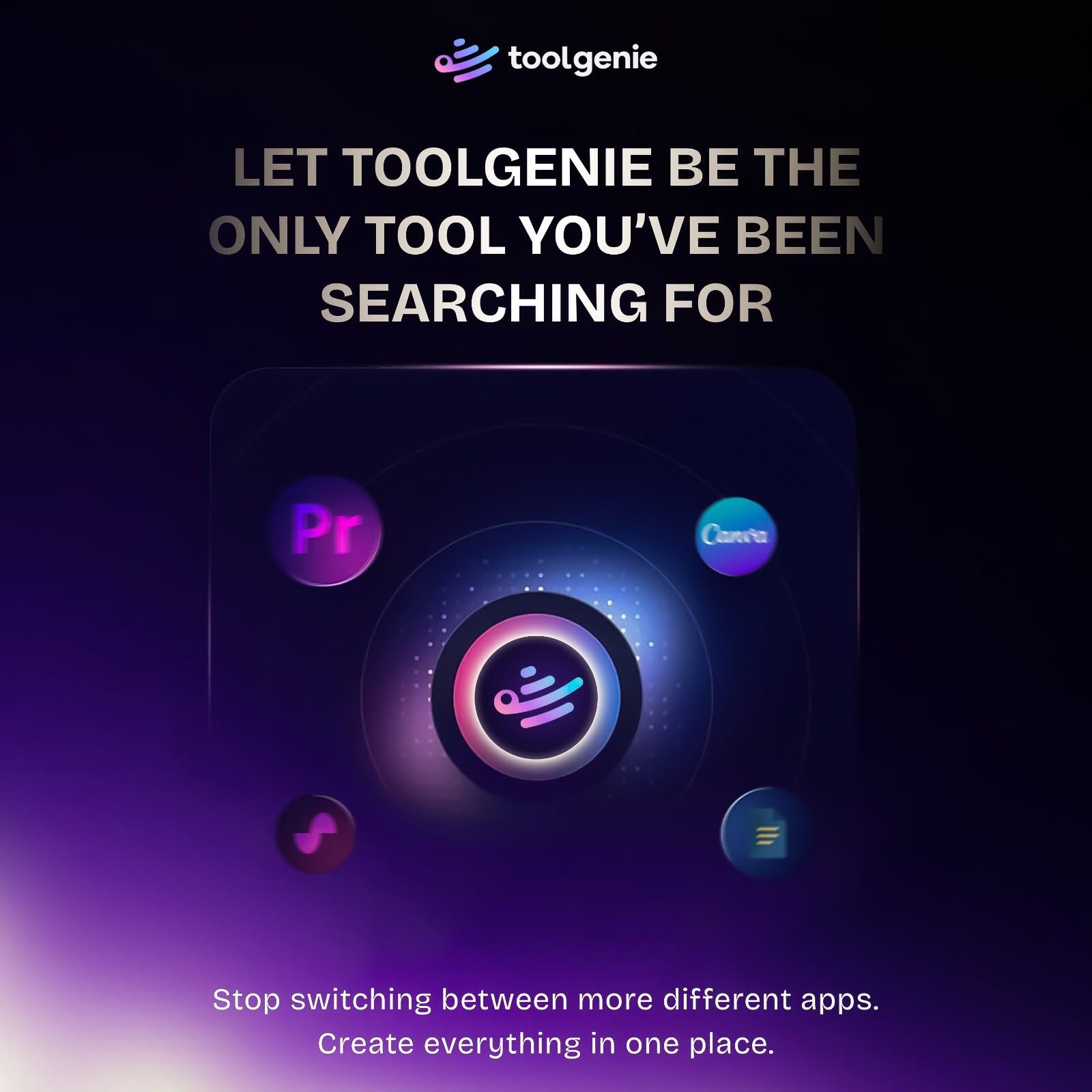 ToolGenie promotional graphic featuring a glowing central platform interface surrounded by creative application icons on a dark purple background.