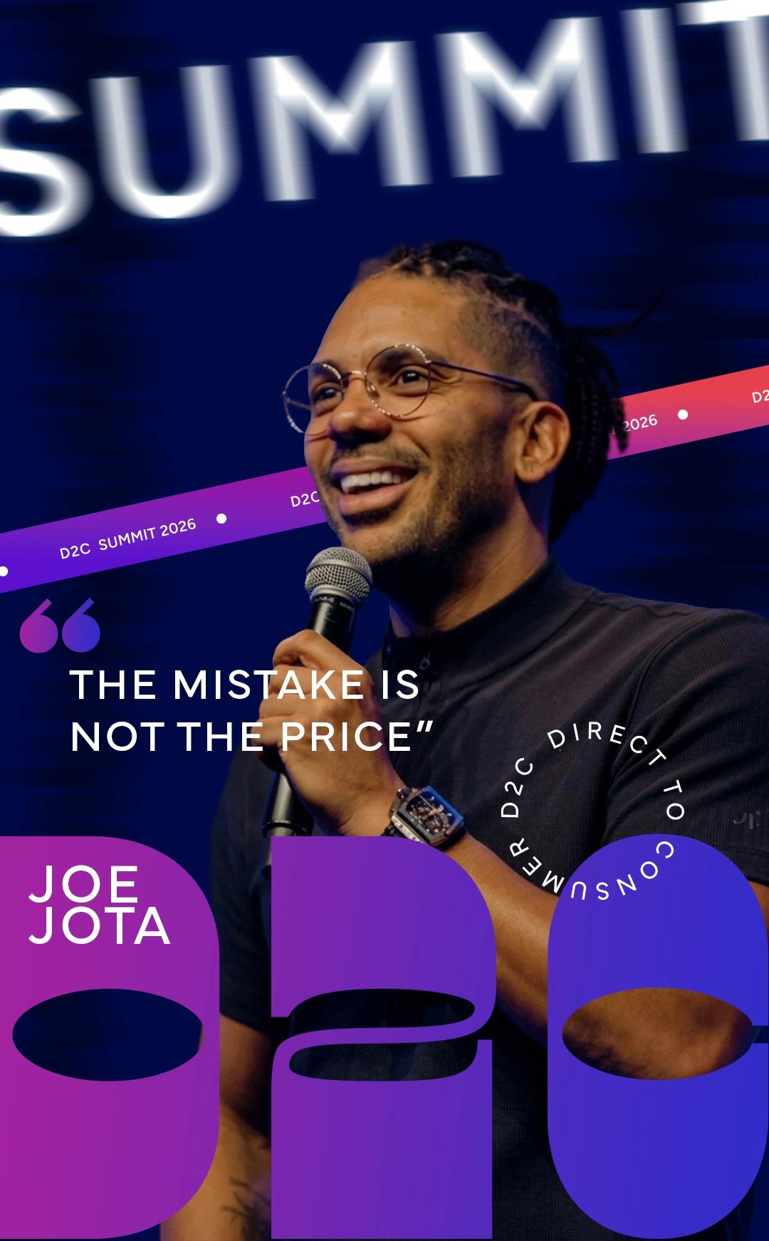 Purple and navy D2C Summit 2026 speaker promotion featuring a man holding a microphone and a keynote quote.