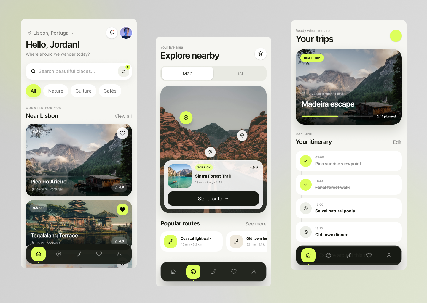 Travel planning mobile application interface