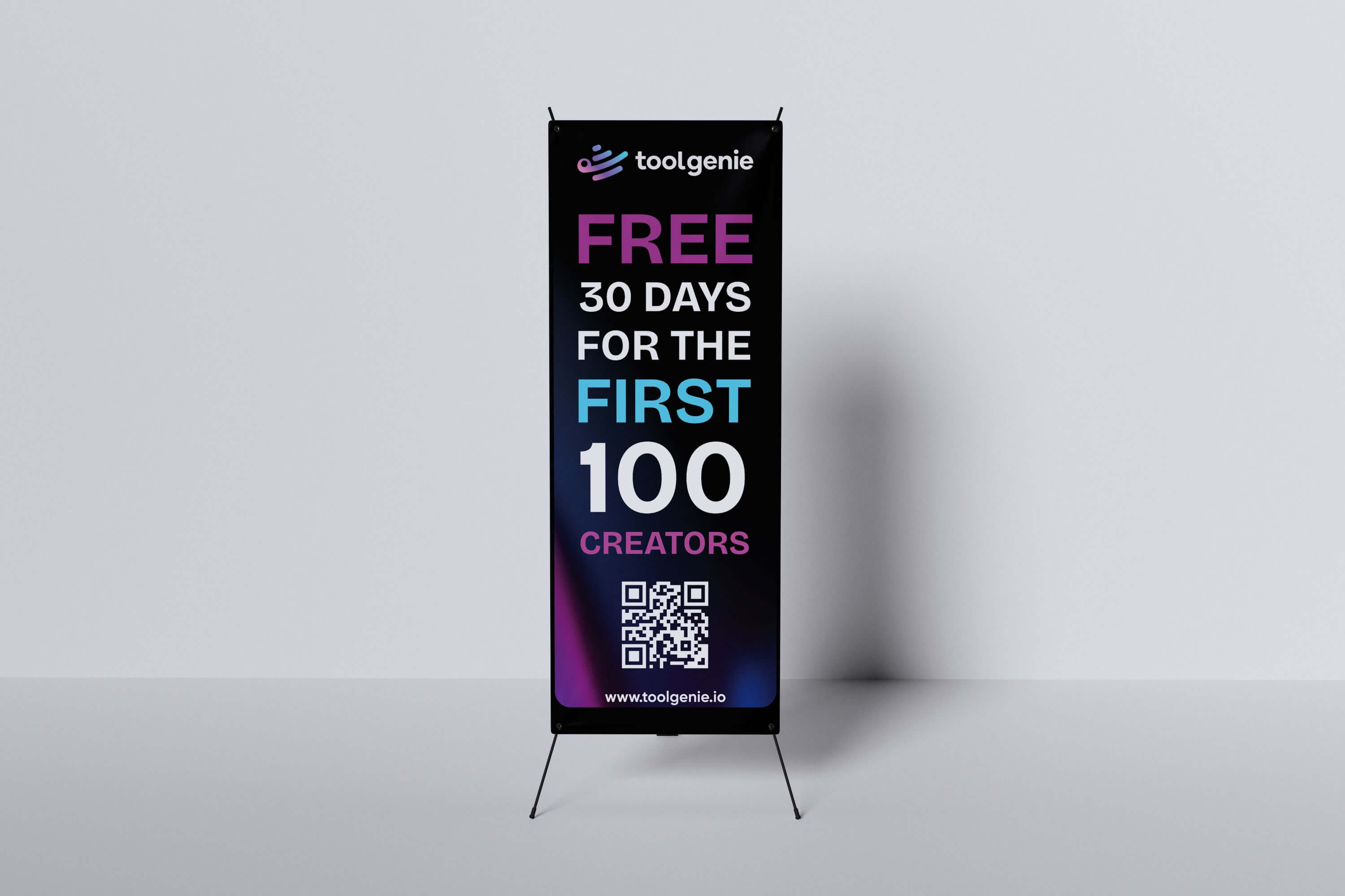 ToolGenie promotional roll-up banner advertising a free 30-day trial for the first 100 creators with QR code.