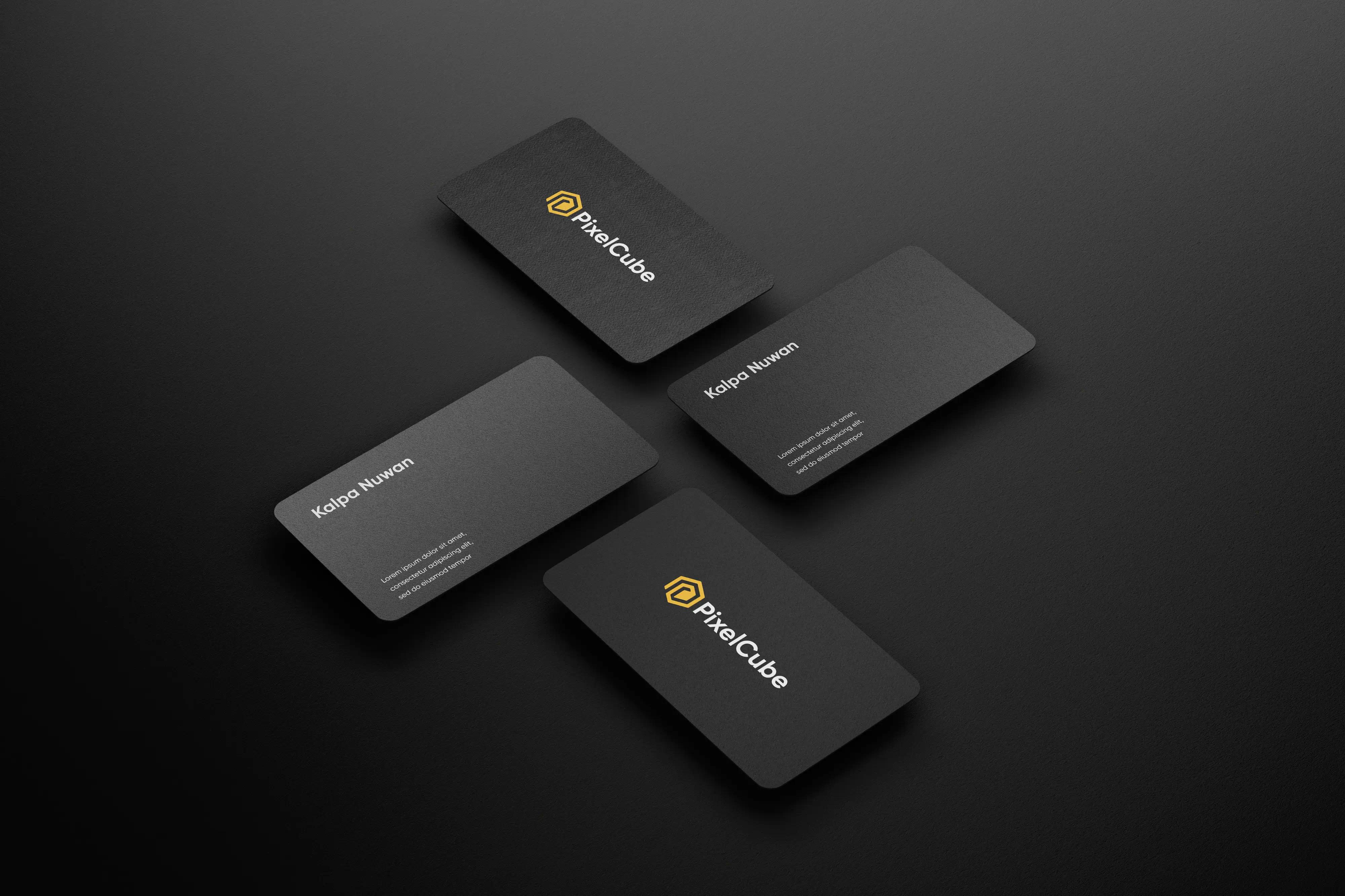 Premium PixelCube business card mockup with minimalist black and gold corporate branding.