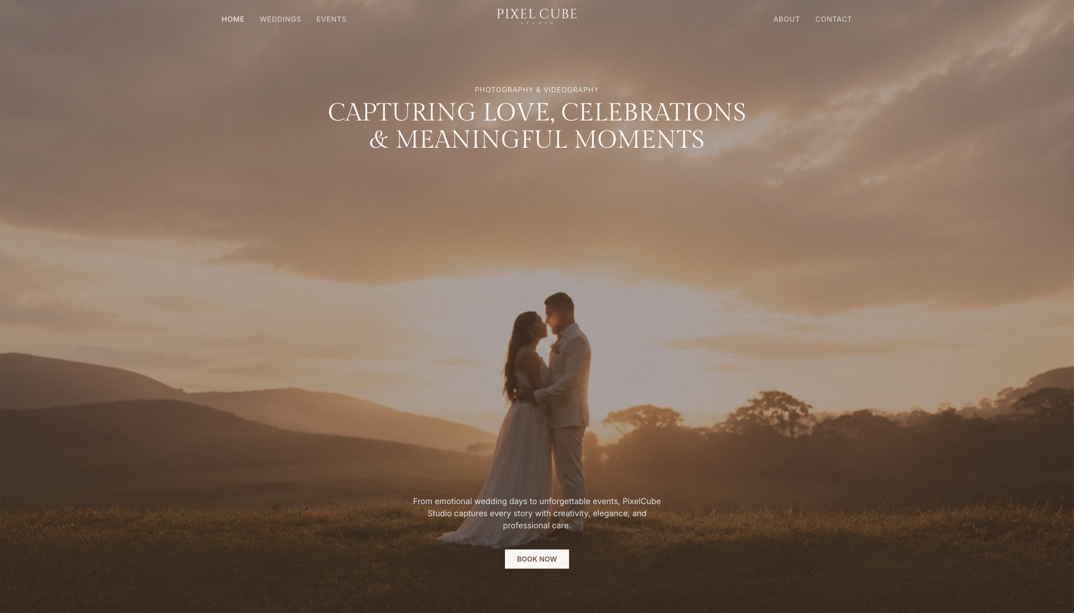 PixelCube Studio photography website homepage featuring a cinematic wedding couple, premium portfolio showcase