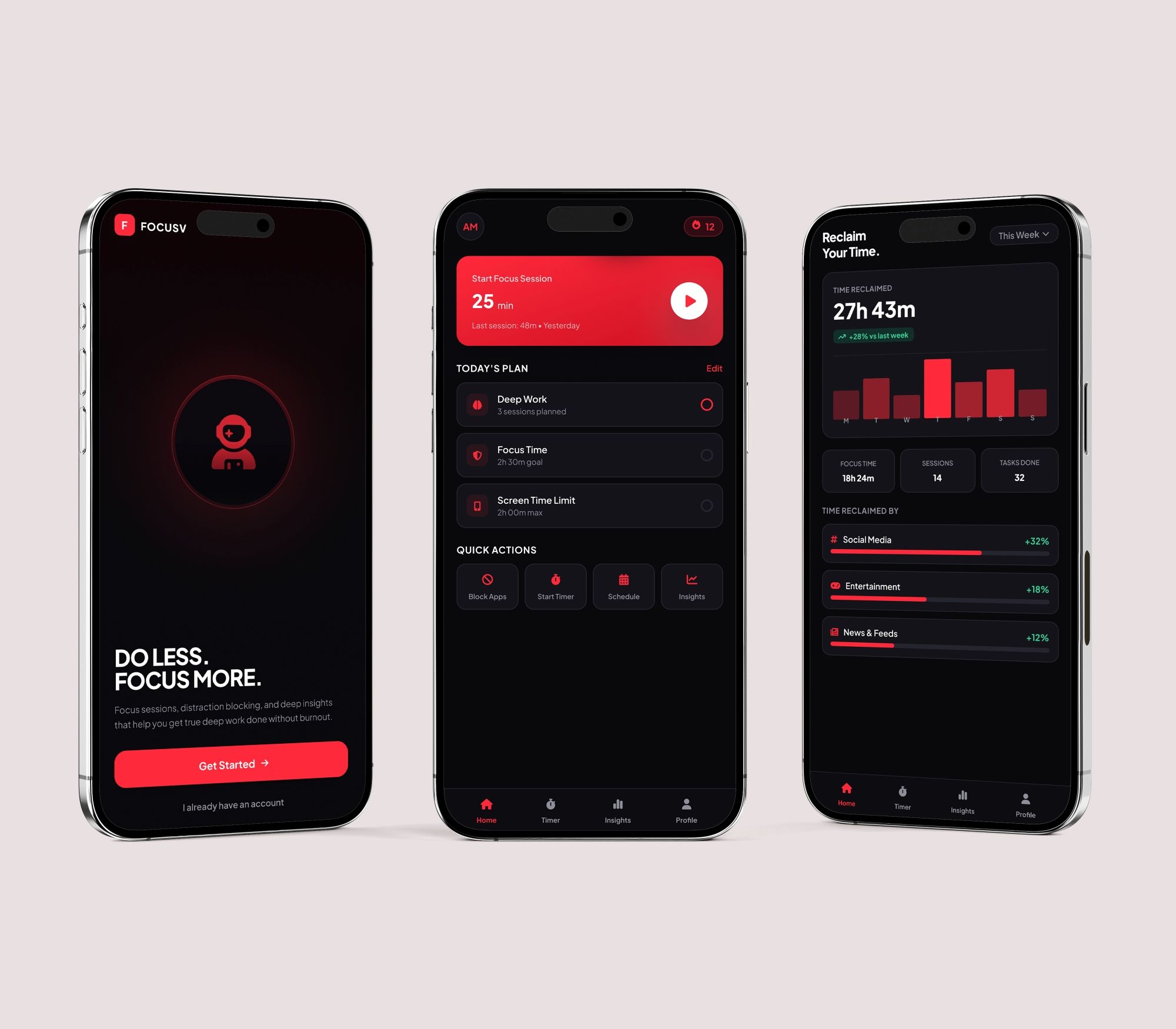 FocusV productivity mobile app screens