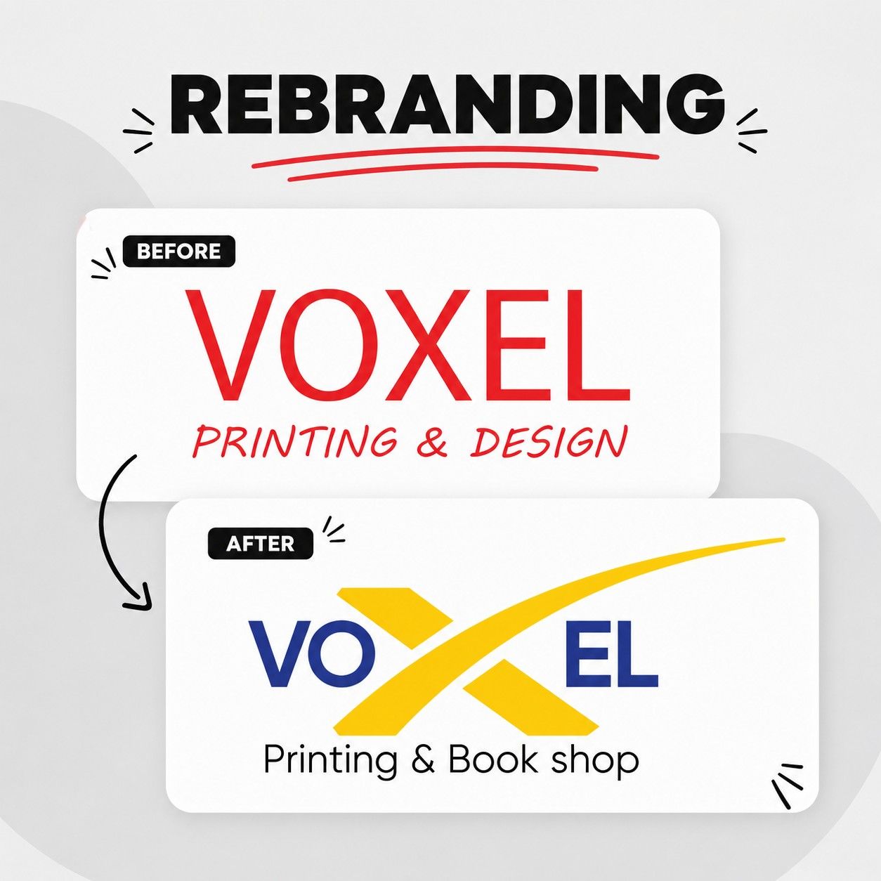 Voxel logo rebranding comparison showing the original red text-based logo and the redesigned blue-and-yellow Voxel Printing & Book Shop identity.