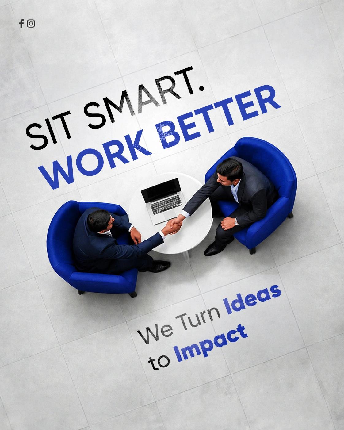 Corporate social media graphic showing two business professionals shaking hands beside a laptop with bold blue typography.