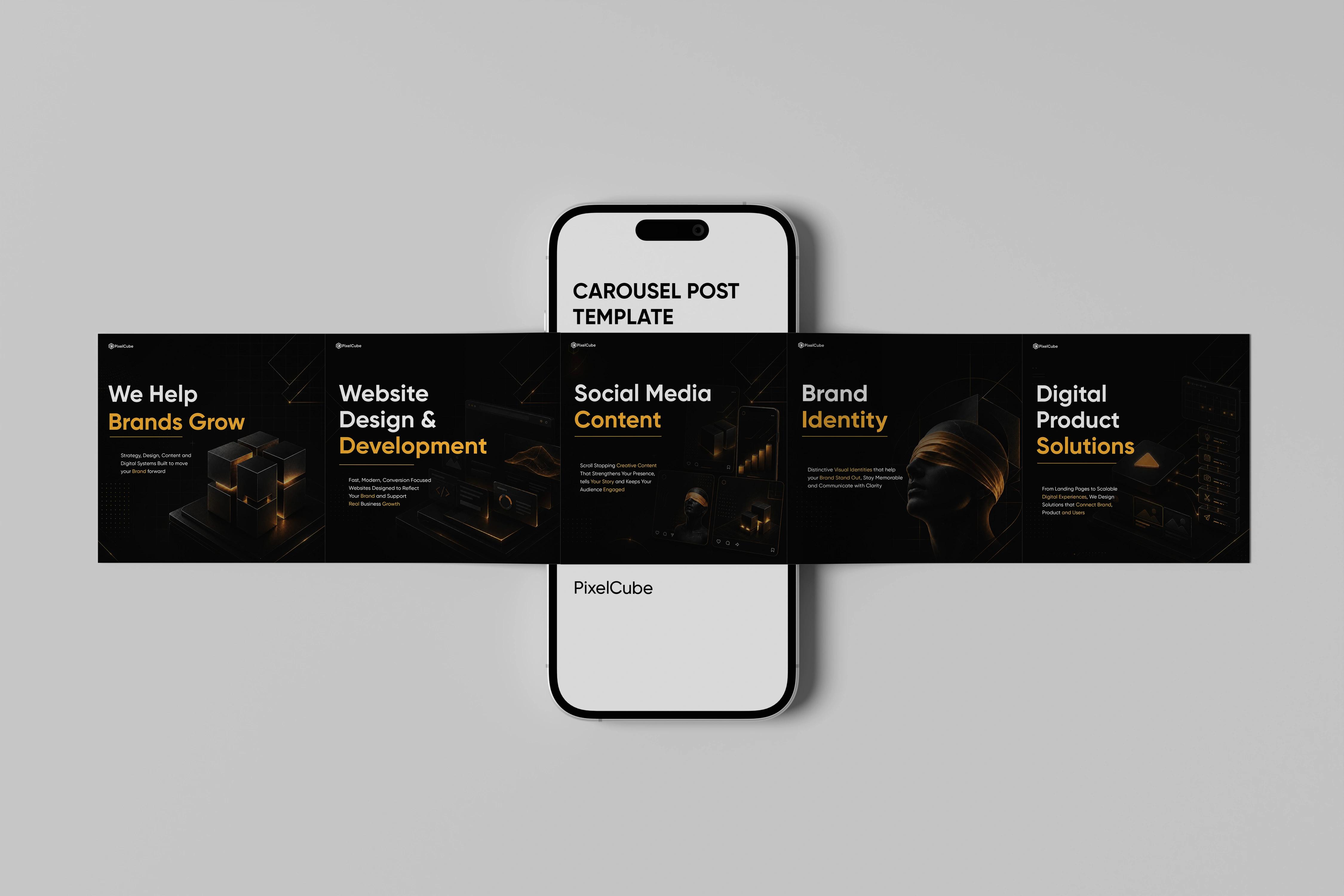 PixelCube social media carousel mockup featuring five dark service promotion slides displayed across a smartphone.