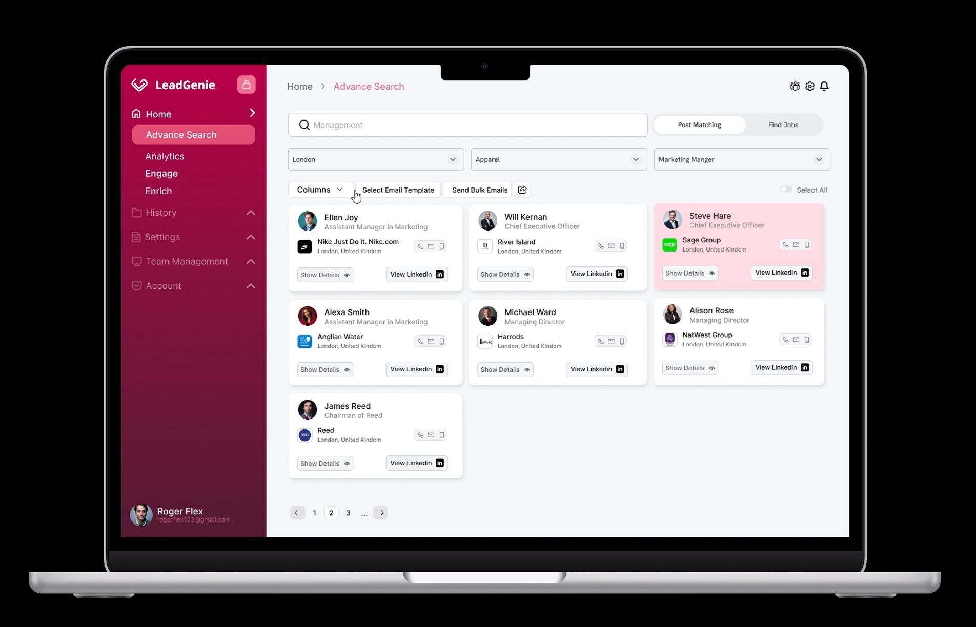 LeadGenie advanced search dashboard displaying candidate cards, search filters