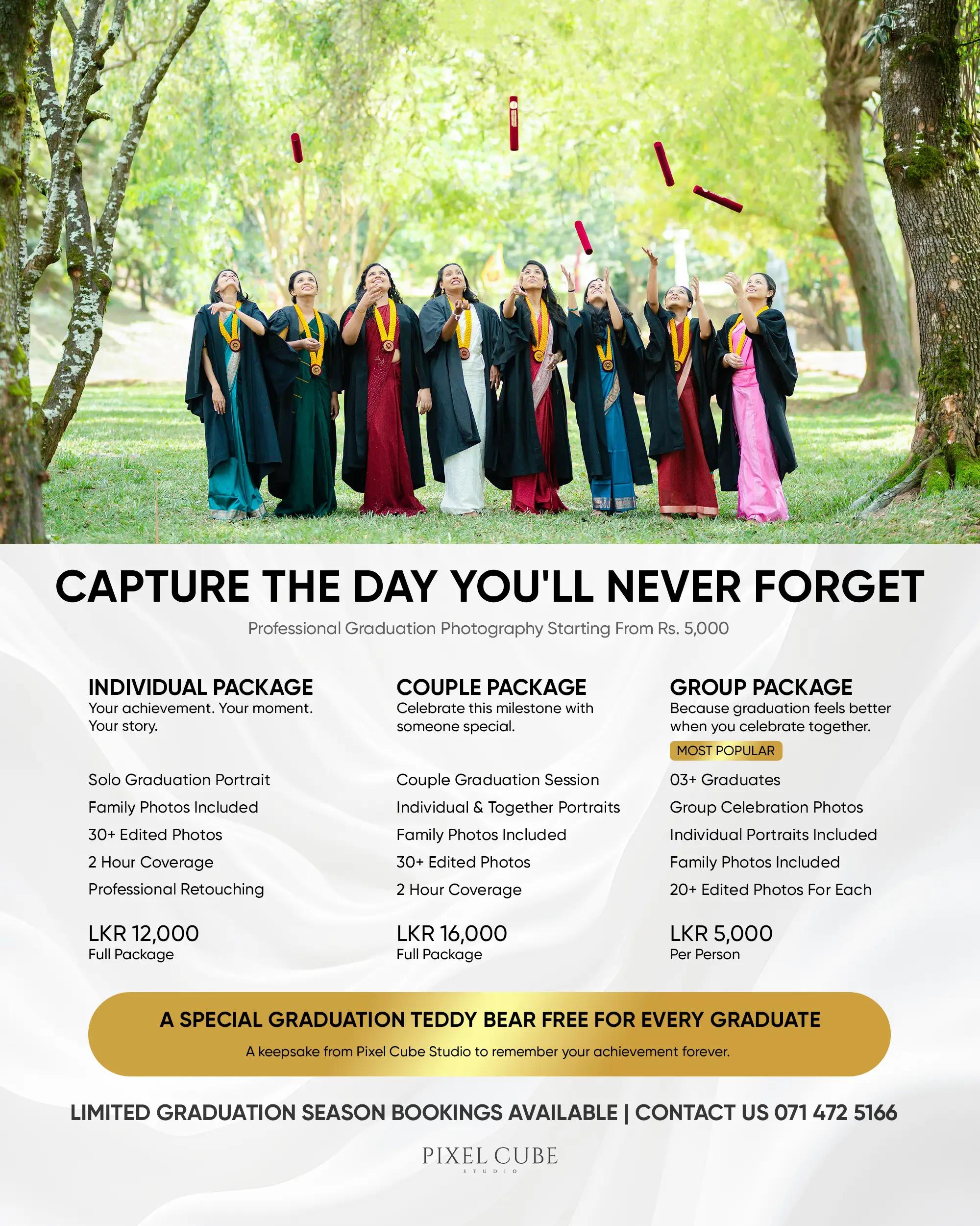 PixelCube Studio graduation photography promotion featuring a group of graduates celebrating outdoors and three photography package options.