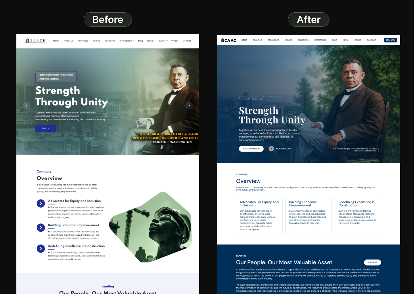 Before and after comparison of the BCAAC website redesign showcasing improved branding, responsive layouts, enhanced navigation, and a modern user experience