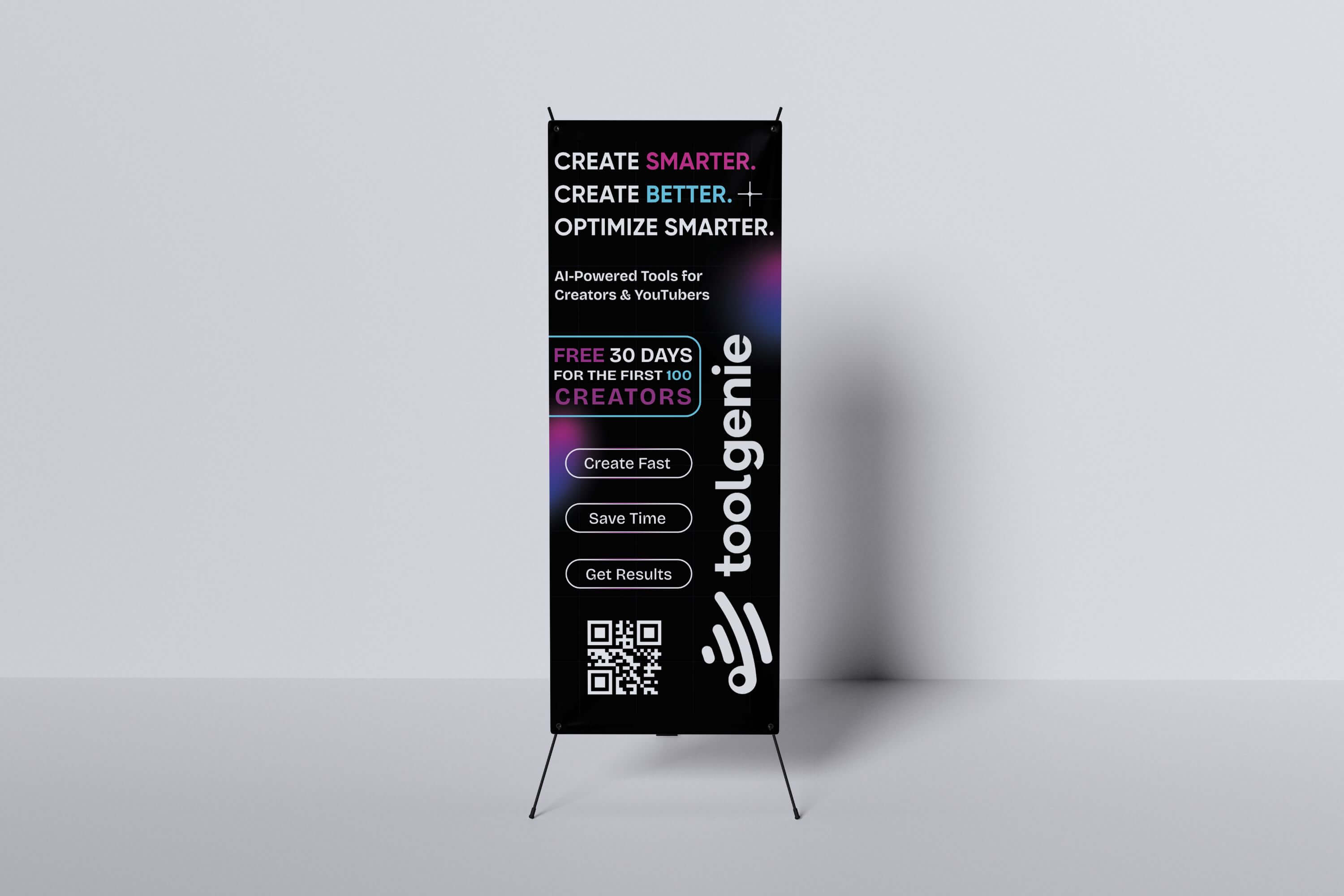 ToolGenie AI promotional roll-up banner showcasing free 30-day access for the first 100 creators.