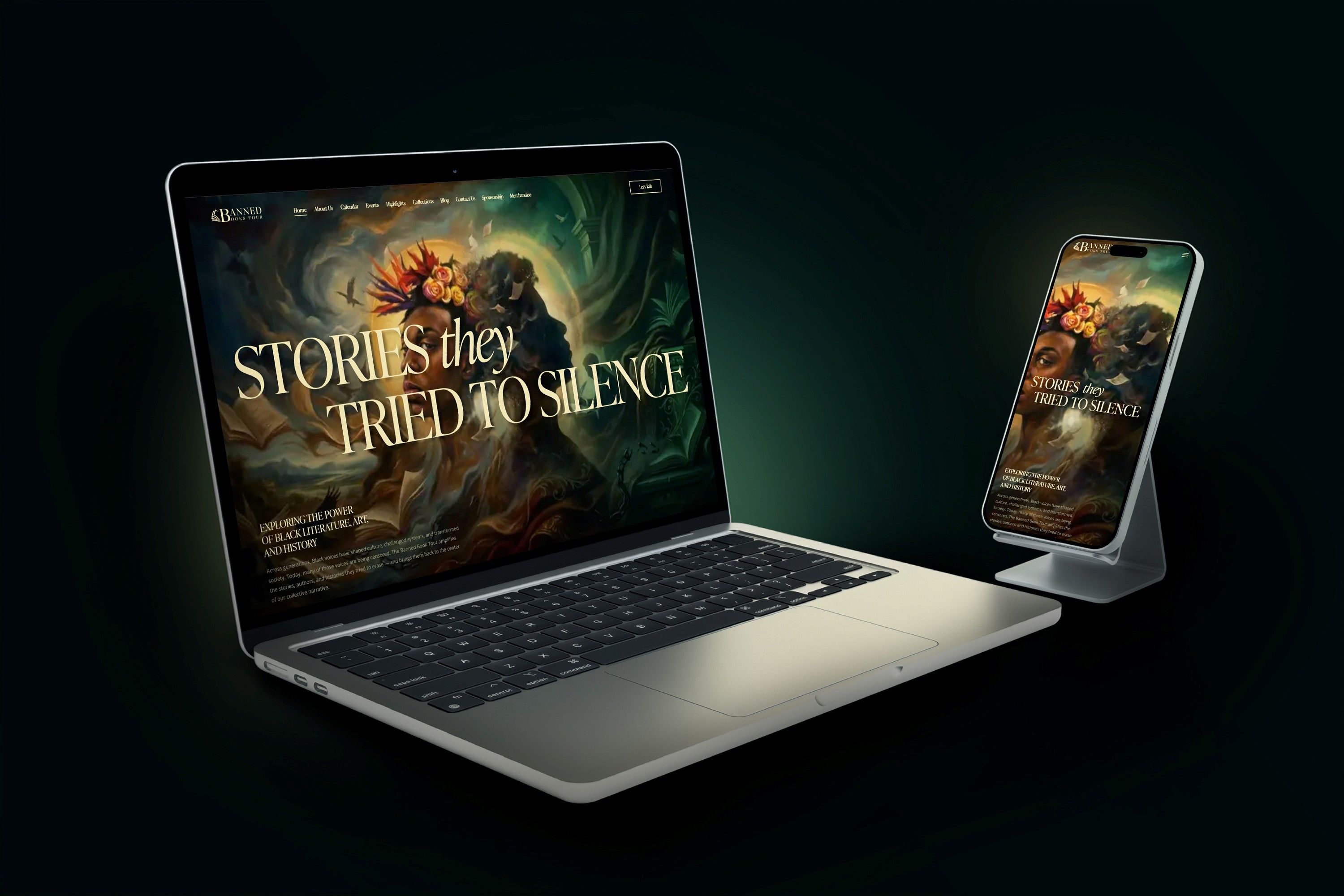 Responsive Banned Books Tour website displayed on a laptop and smartphone, featuring the Stories They Tried to Silence homepage across desktop and mobile layouts.