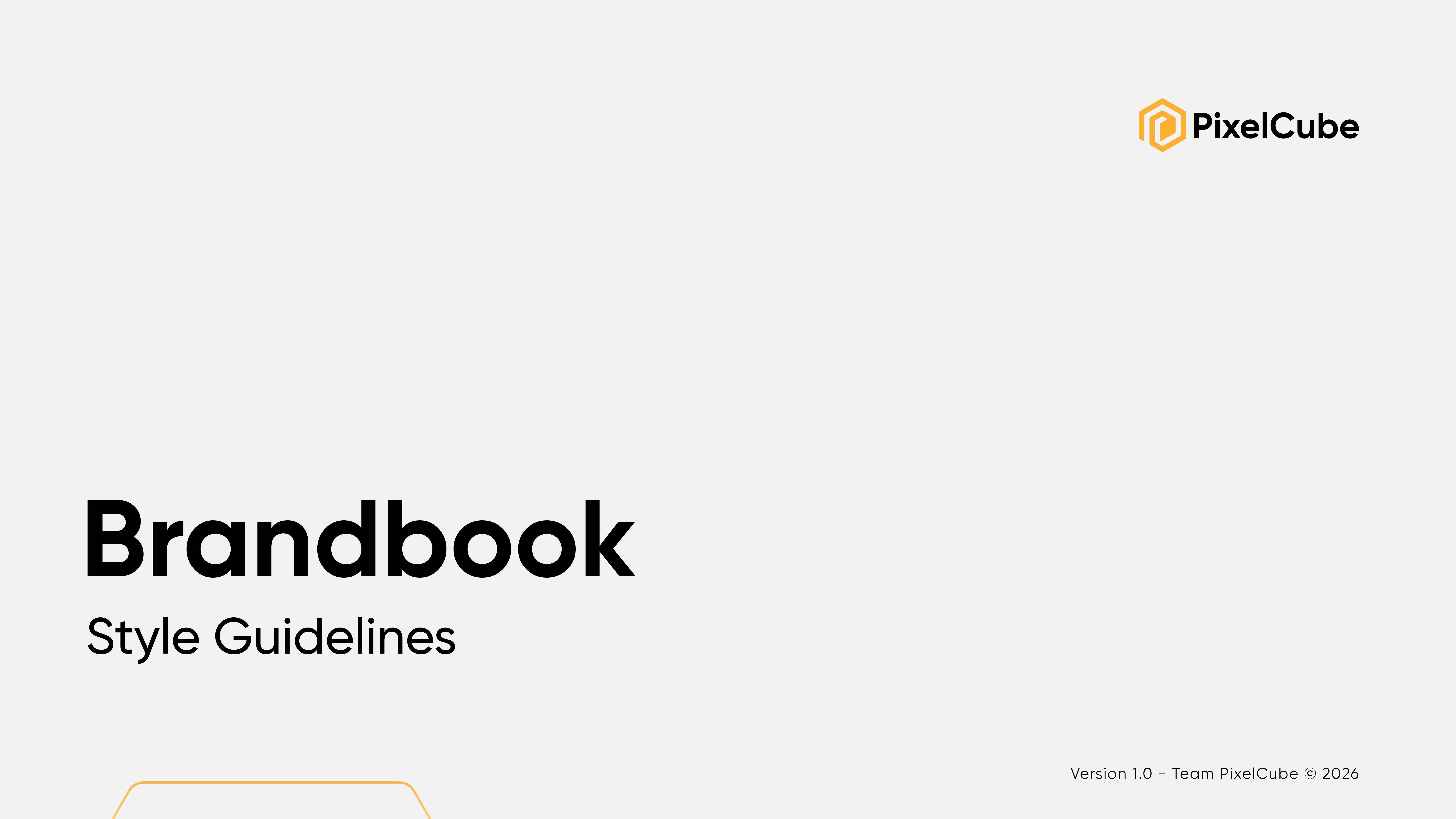 PixelCube brandbook cover featuring the company logo, Brandbook Style Guidelines title, and a clean white layout with golden-yellow accents.