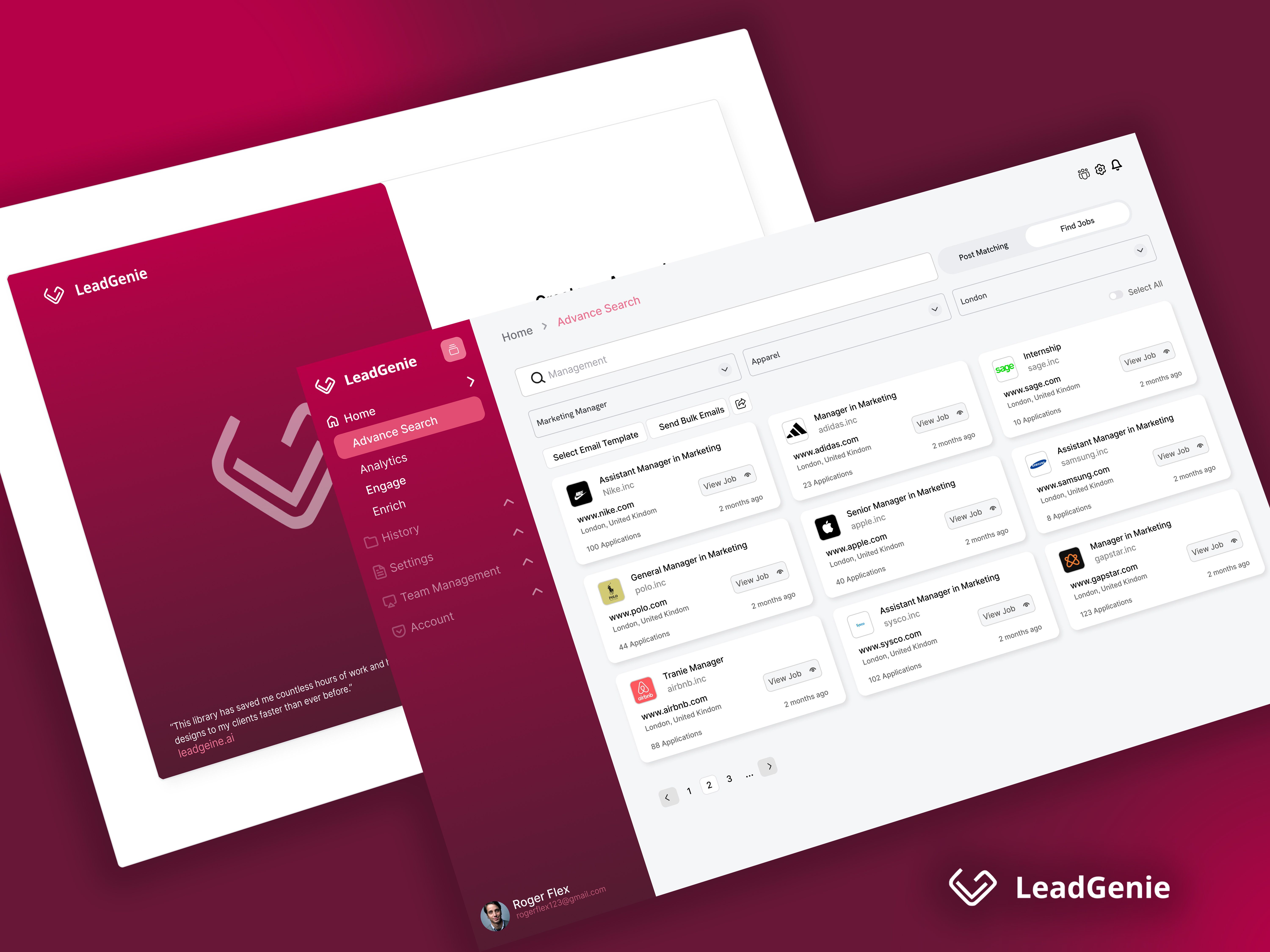 LeadGenie CRM dashboard with advanced search and lead management interface