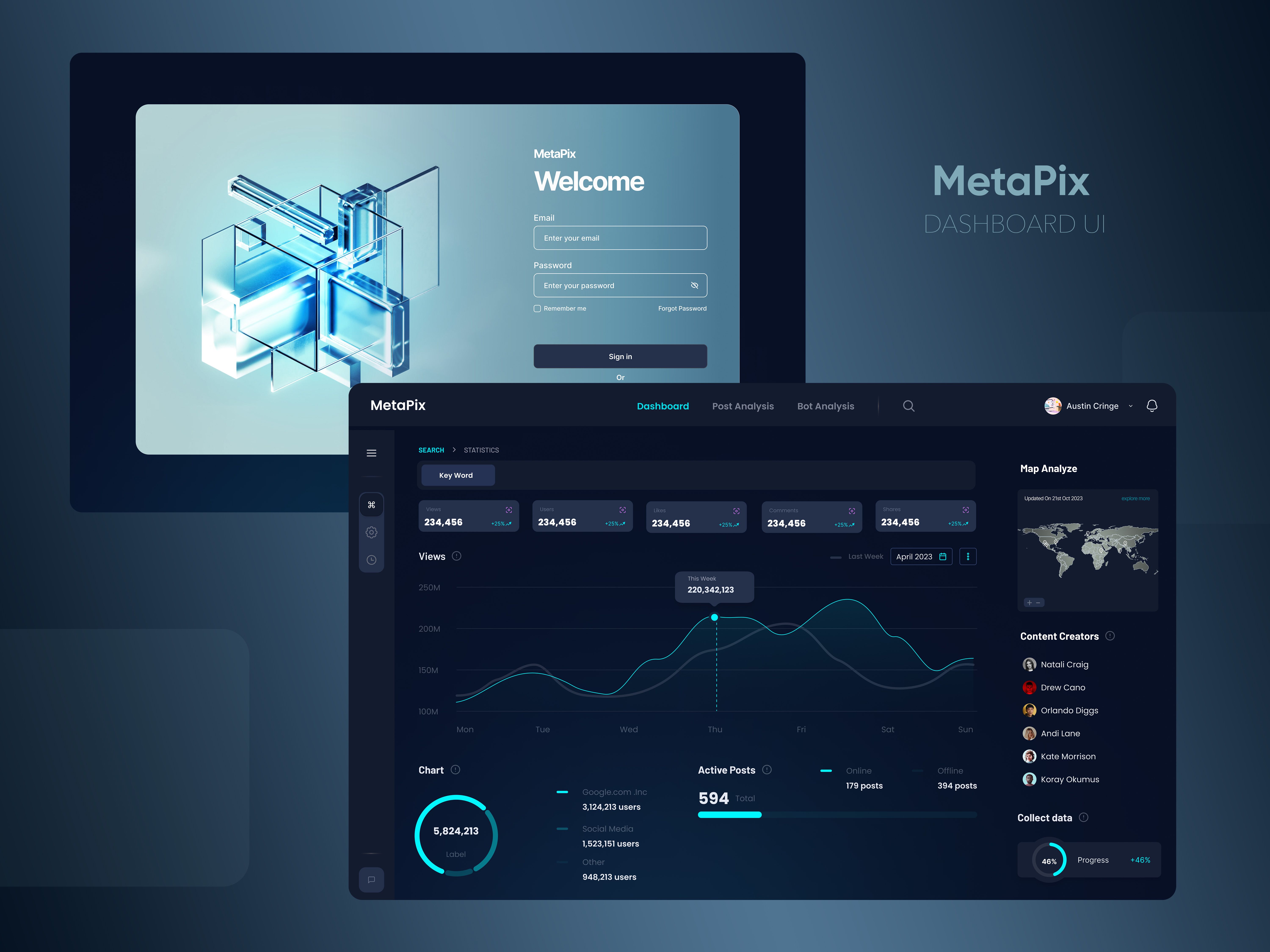MetaPix analytics dashboard interface with login screen, performance charts, audience insights, and business intelligence widgets
