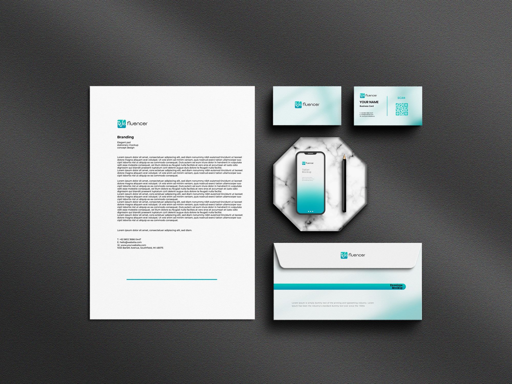 WeFluencer corporate stationery mock-up featuring a branded letterhead, business cards, envelope, QR code, and mobile interface in a turquoise visual identity.