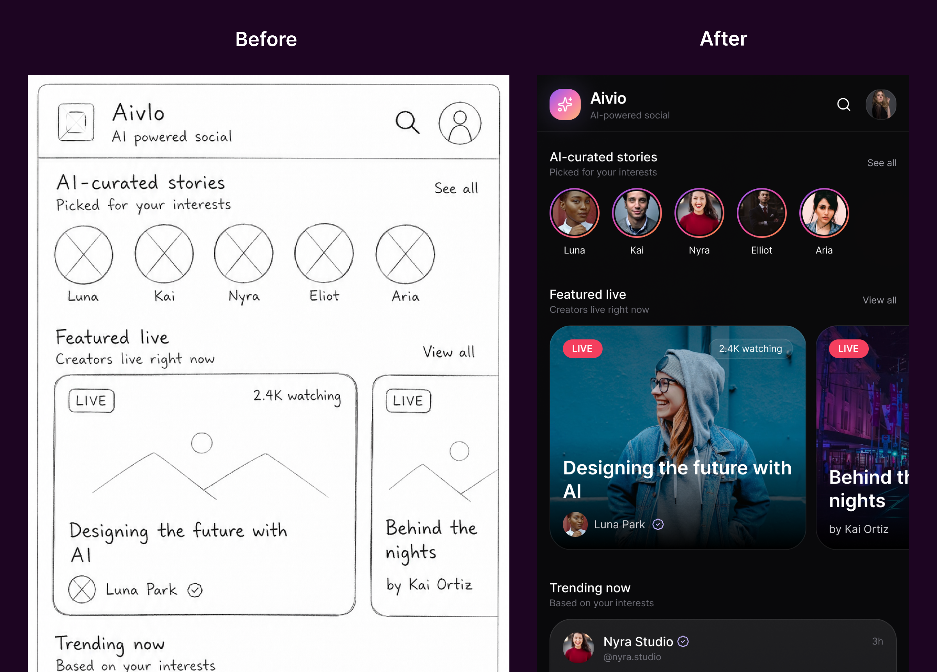 Aivio wireframe and final mobile UI comparison