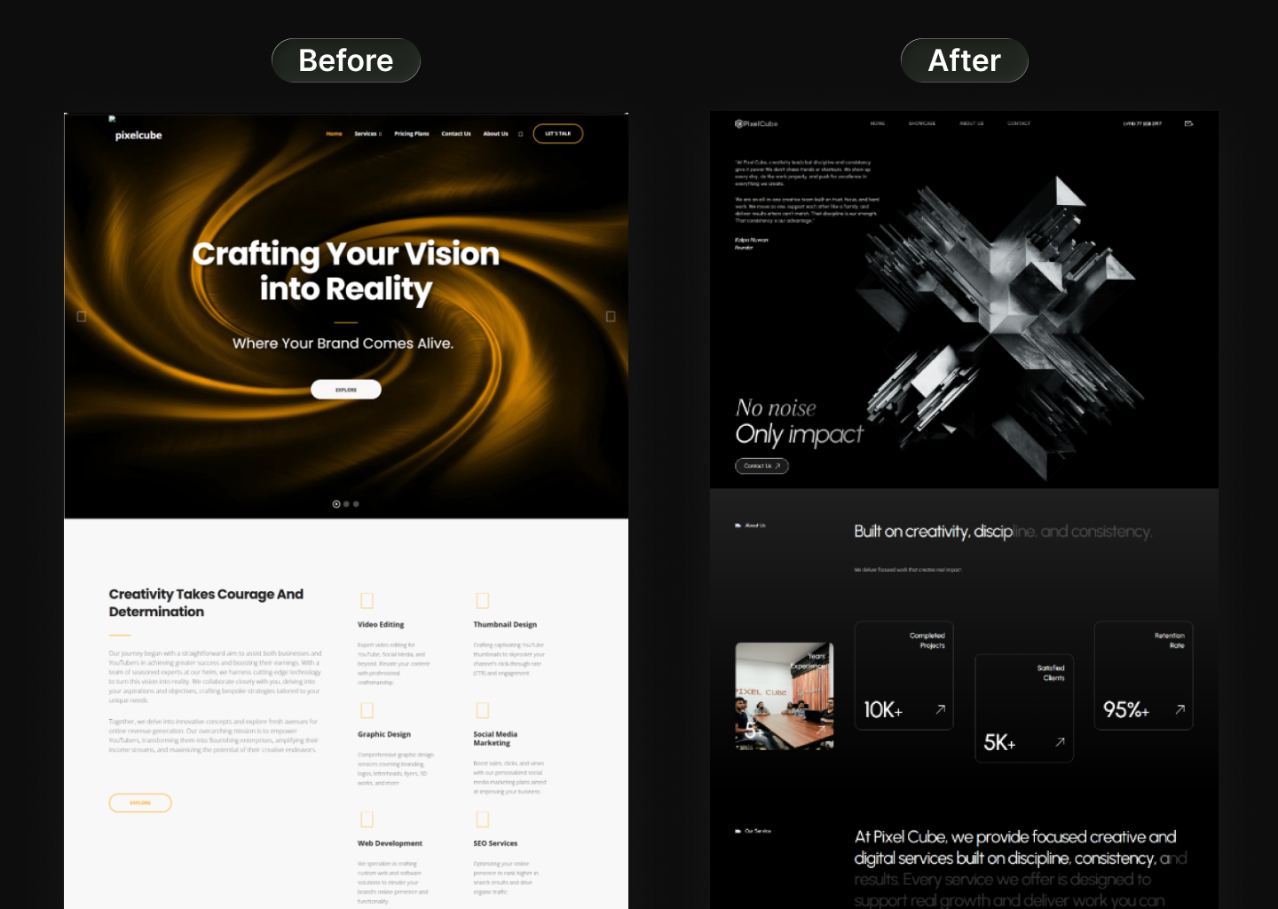 Before and after comparison of the PixelCube company website redesign showcasing a modern interface, improved branding, and enhanced user experience