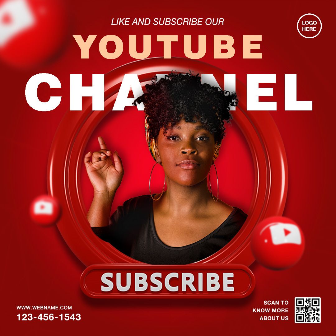 Red YouTube channel subscription promotional graphic featuring a woman, bold typography, subscribe button, and QR code.