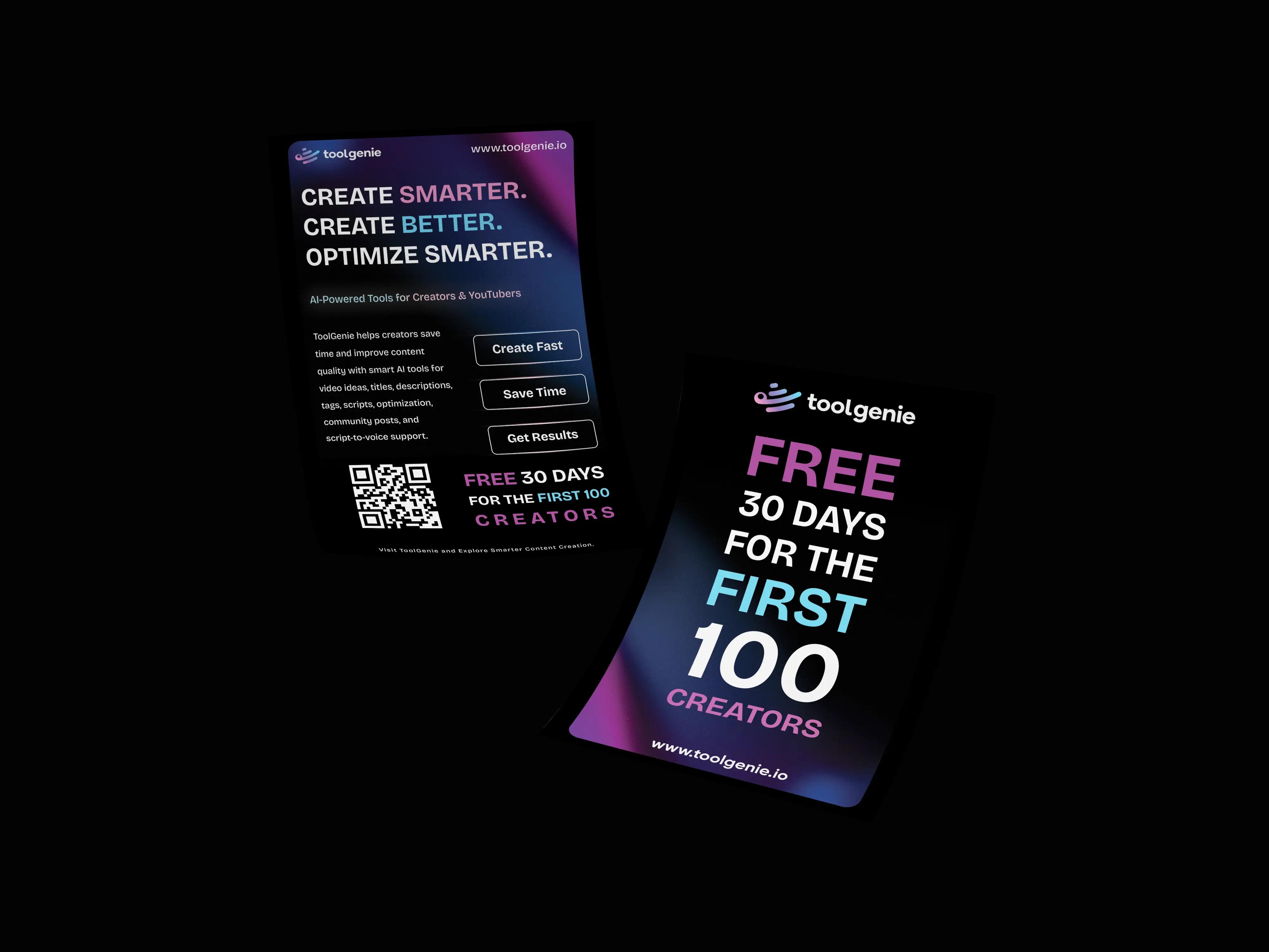ToolGenie two-sided promotional handout flyer mockup featuring AI creator tools and a free 30-day offer for the first 100 creators.