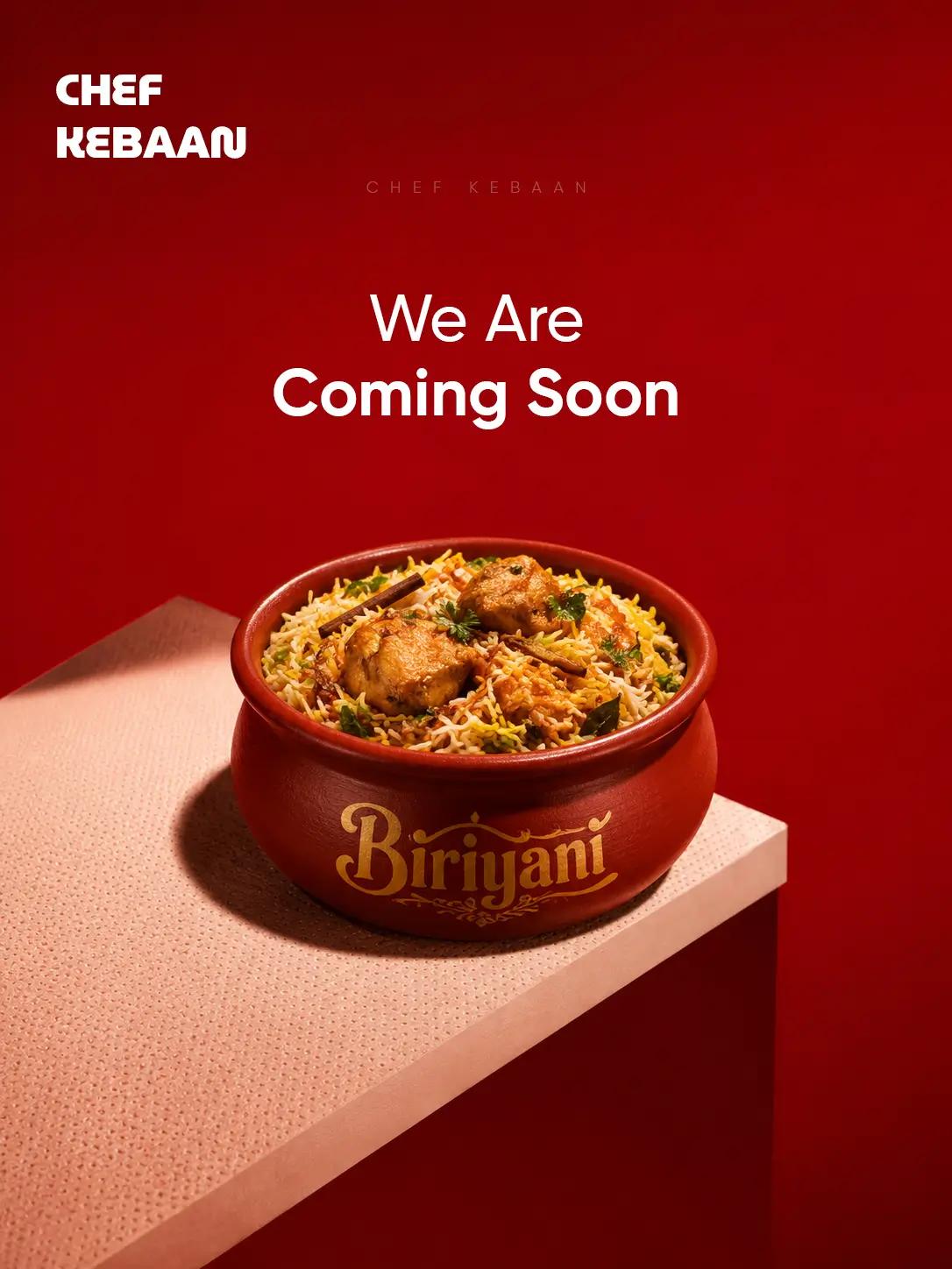 Chef Kebaan restaurant launch teaser featuring a premium biriyani bowl with a coming soon announcement.