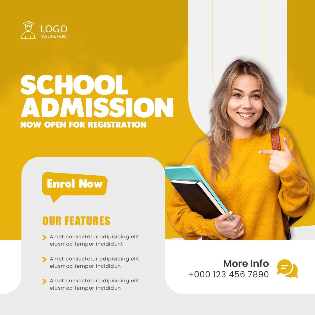 Bright yellow school admission advertisement featuring a smiling student holding books, enrolment messaging, and registration information.