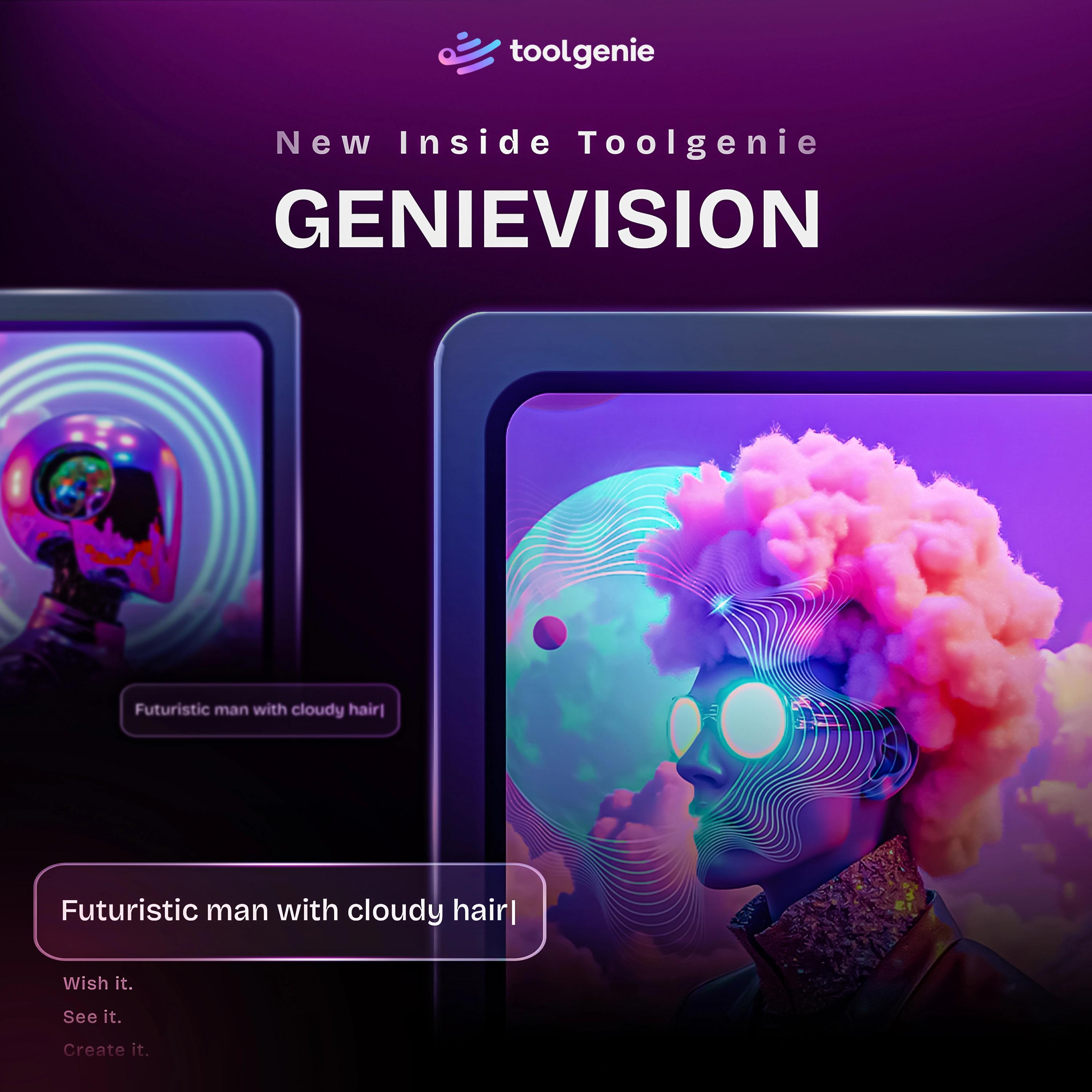 ToolGenie GenieVision promotional artwork featuring futuristic AI-generated portraits displayed inside modern device mockups.