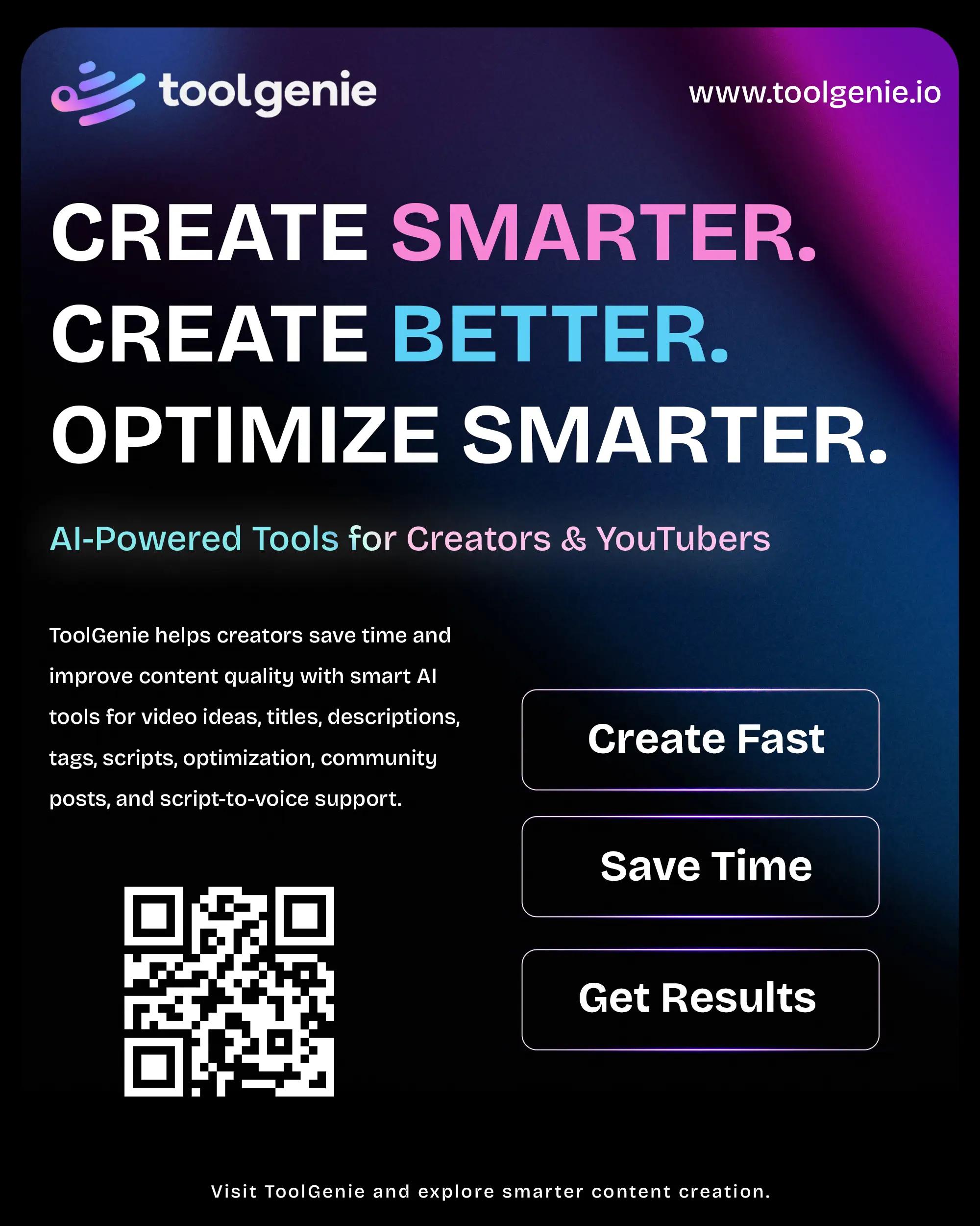 ToolGenie promotional flyer featuring AI-powered tools for creators, platform benefits, a QR code, and pink-blue gradient branding.