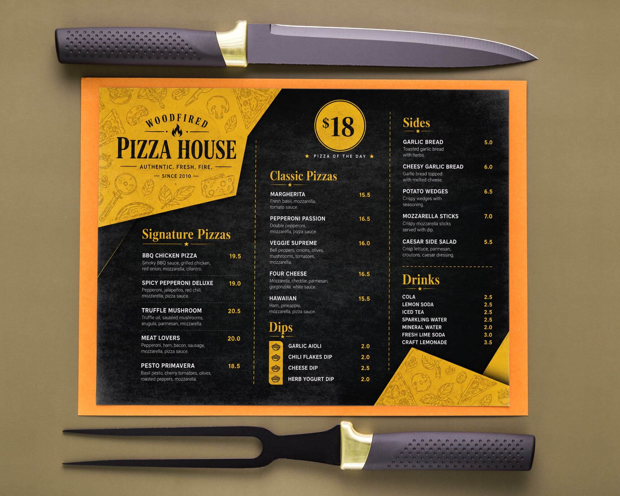 Premium woodfired pizza restaurant menu featuring signature pizzas, classic pizzas, sides, dips, drinks, and pricing in a black and gold theme.