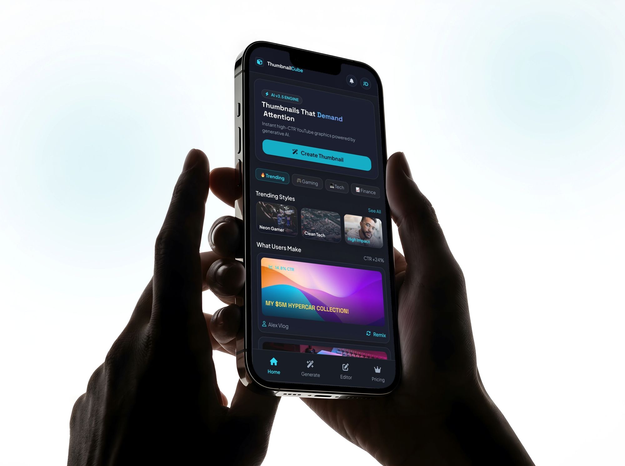 AI thumbnail generator mobile app interface