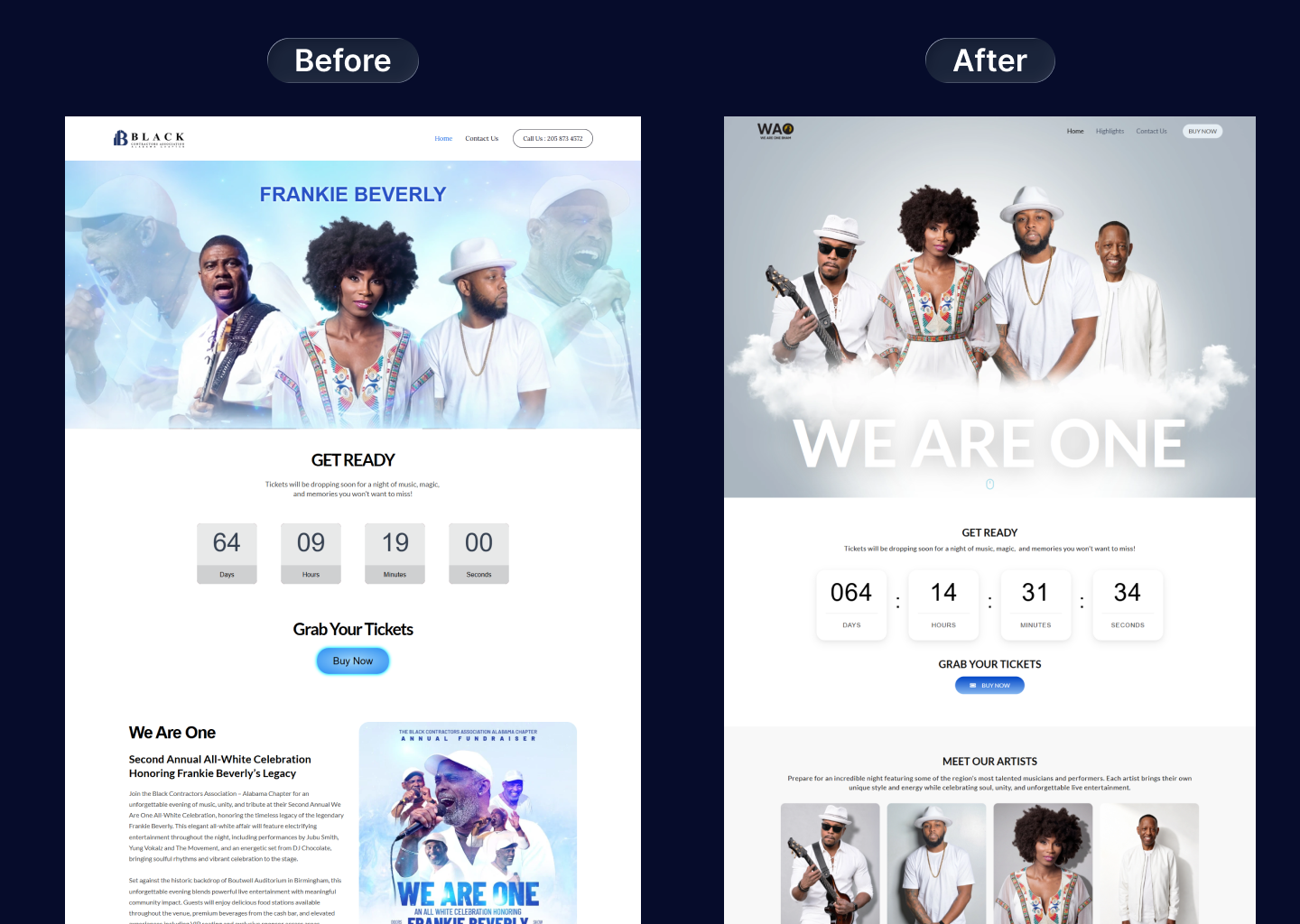 Before and after comparison of the WE ARE ONE event website redesign showcasing improved event branding, artist presentation, and ticket purchasing experience