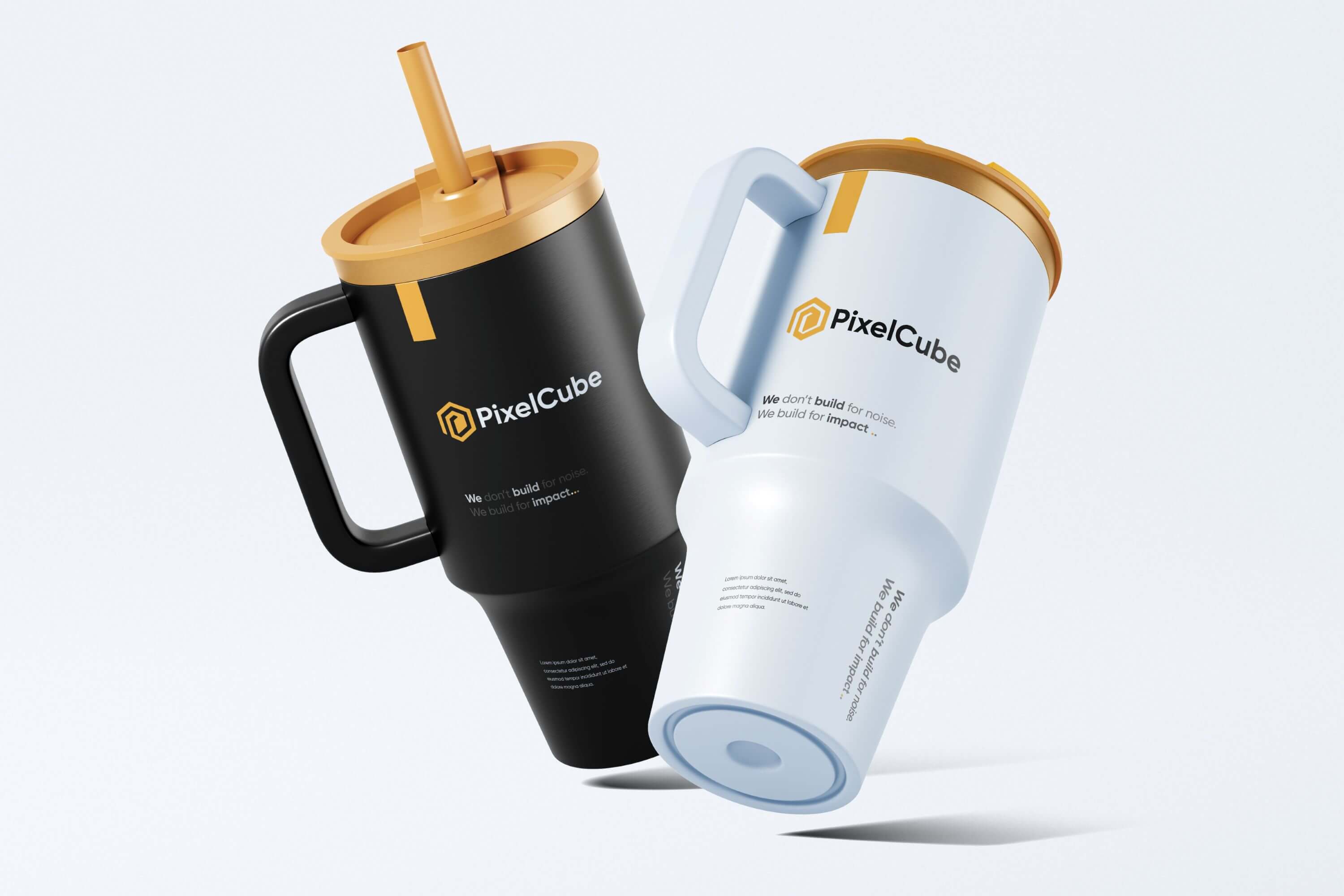 PixelCube branded insulated tumblers in black and white with modern corporate branding.