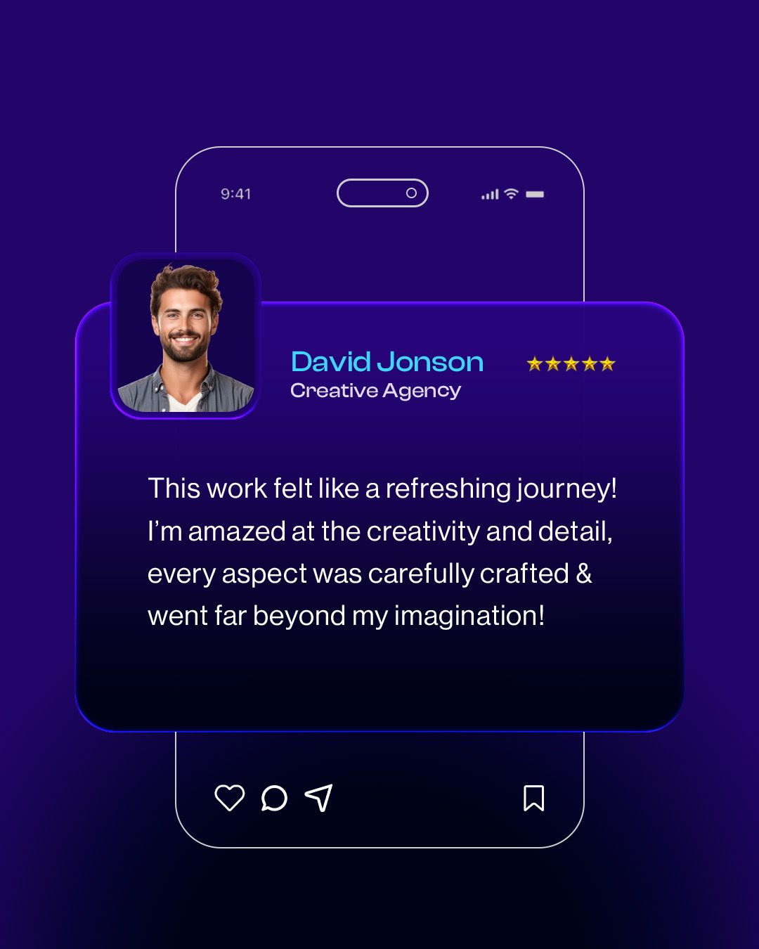 Purple client testimonial graphic featuring a profile photo, five-star rating, and positive creative agency review.