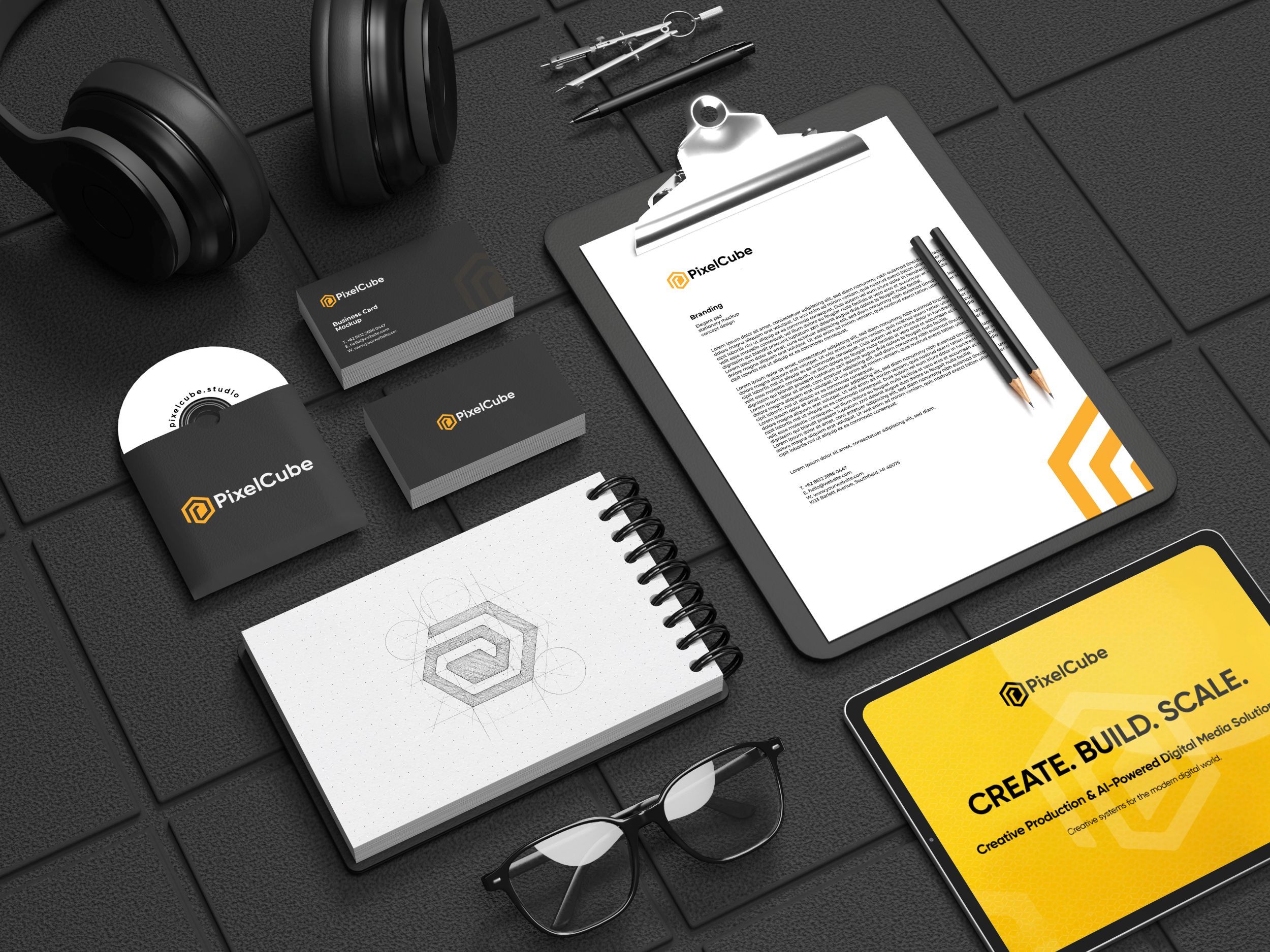 PixelCube corporate brand mock-up presentation featuring business cards, letterhead, notebook, digital tablet, and branded office materials in a premium black and gold workspace.