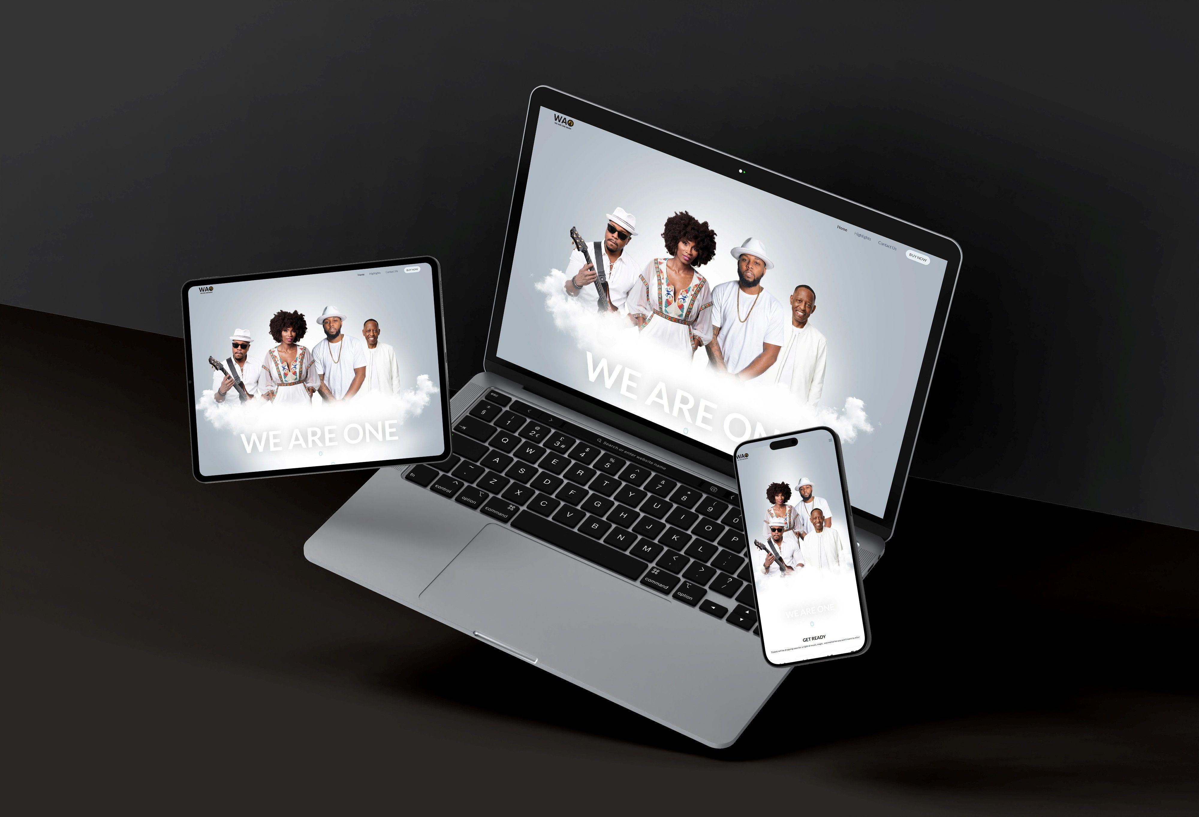 WE ARE ONE event website displayed across desktop, tablet, and mobile devices demonstrating responsive web design and cross-device compatibility