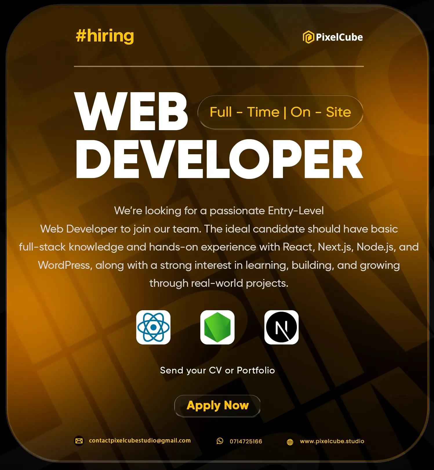 PixelCube recruitment graphic promoting a full-time web developer position featuring React, Node.js, and Next.js technologies.
