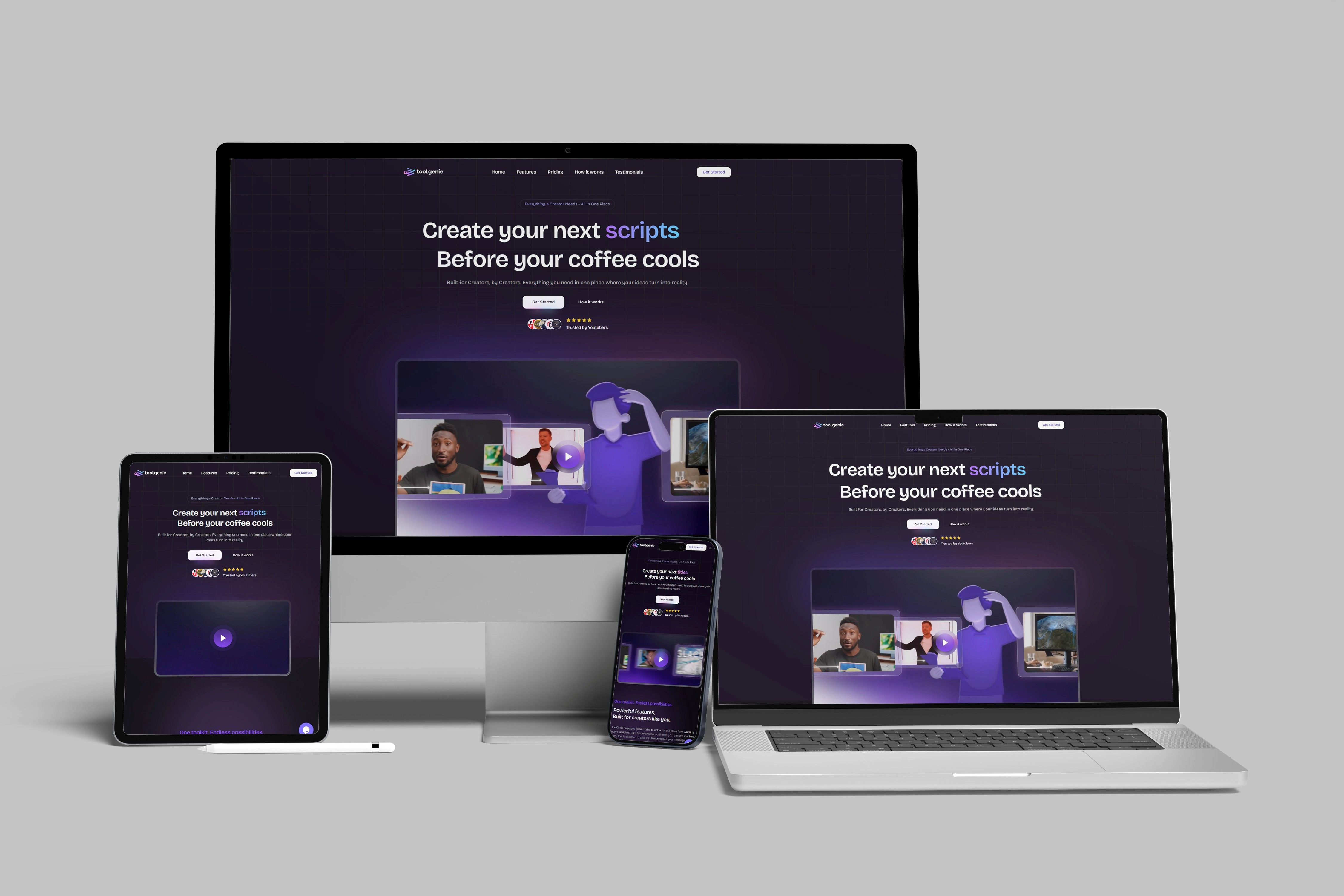 ToolGenie web application displayed across desktop, laptop, tablet, and mobile devices demonstrating responsive design and cross-device compatibility