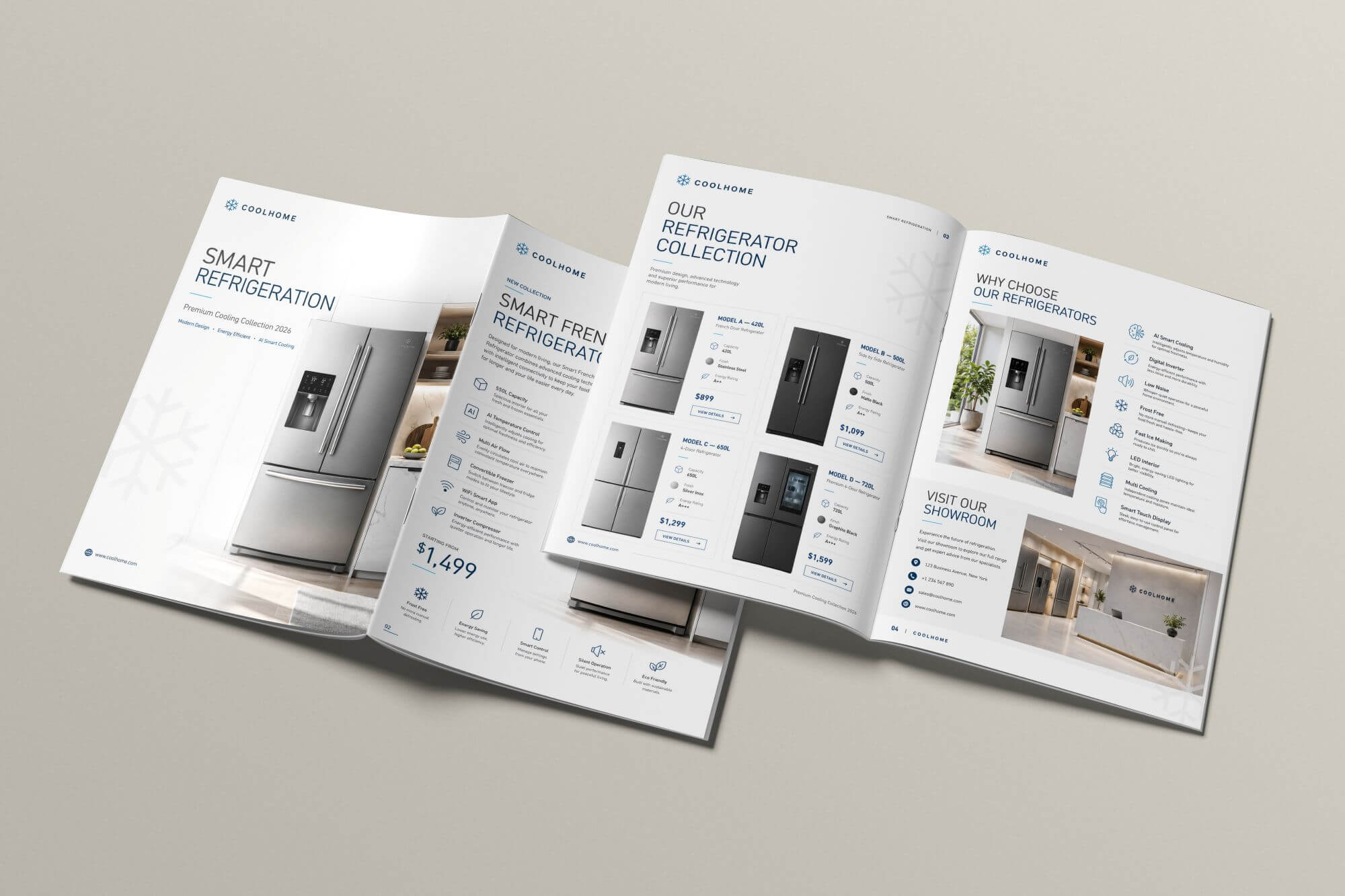 Modern refrigerator product catalogue featuring multiple appliance models, specifications, pricing, and showroom information.