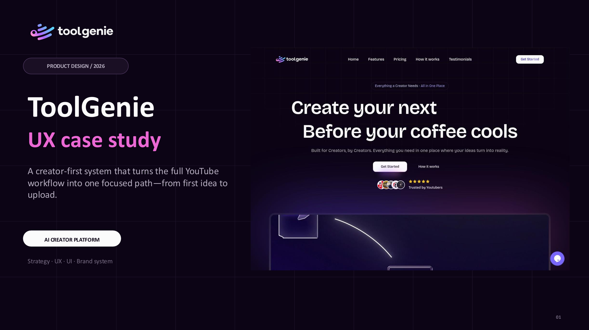 ToolGenie UX case study cover featuring a modern AI-powered creator platform with a dark interface focused on streamlining the complete YouTube content creation workflow.