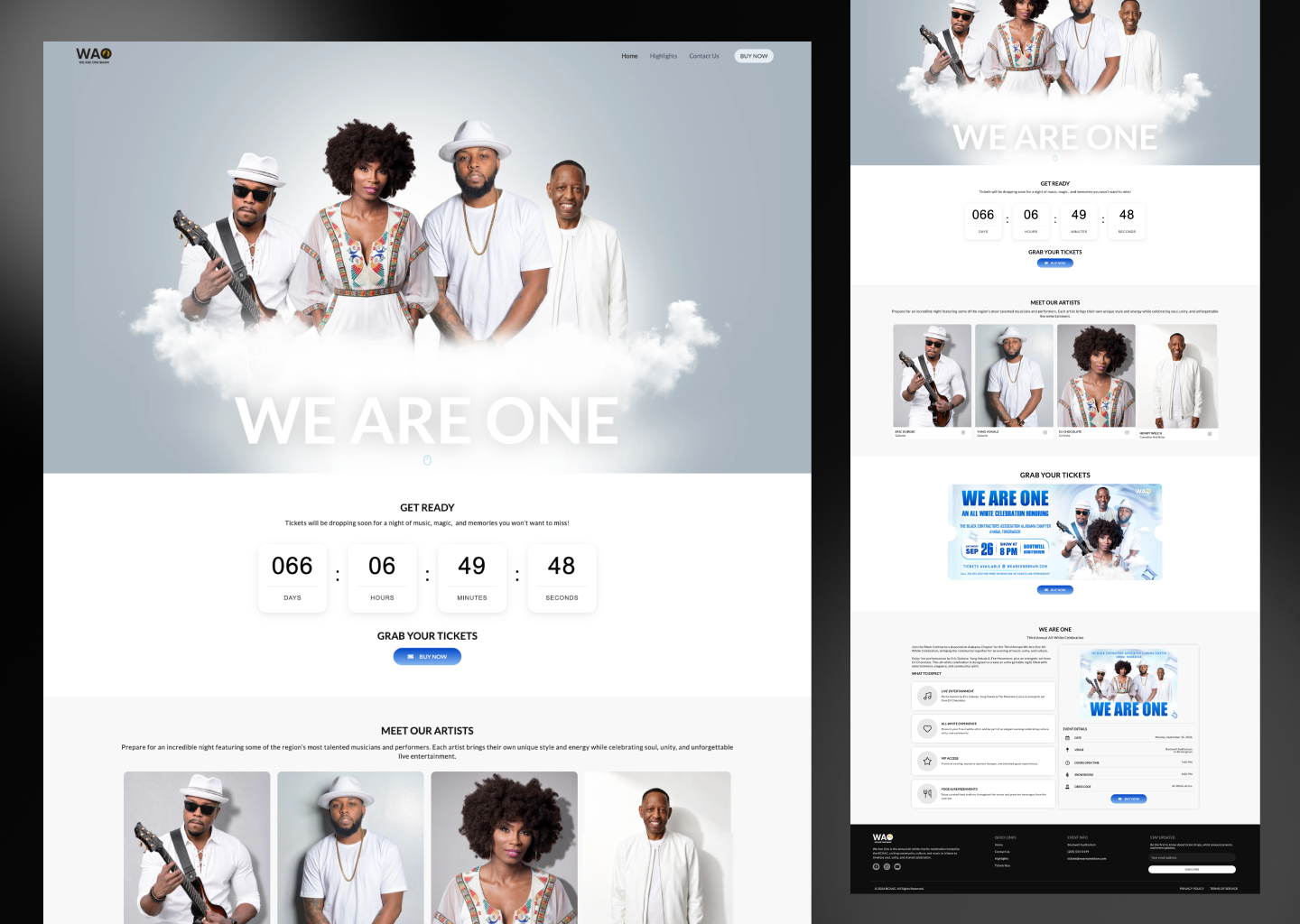 WE ARE ONE event landing page featuring artists, countdown timer, and ticket information